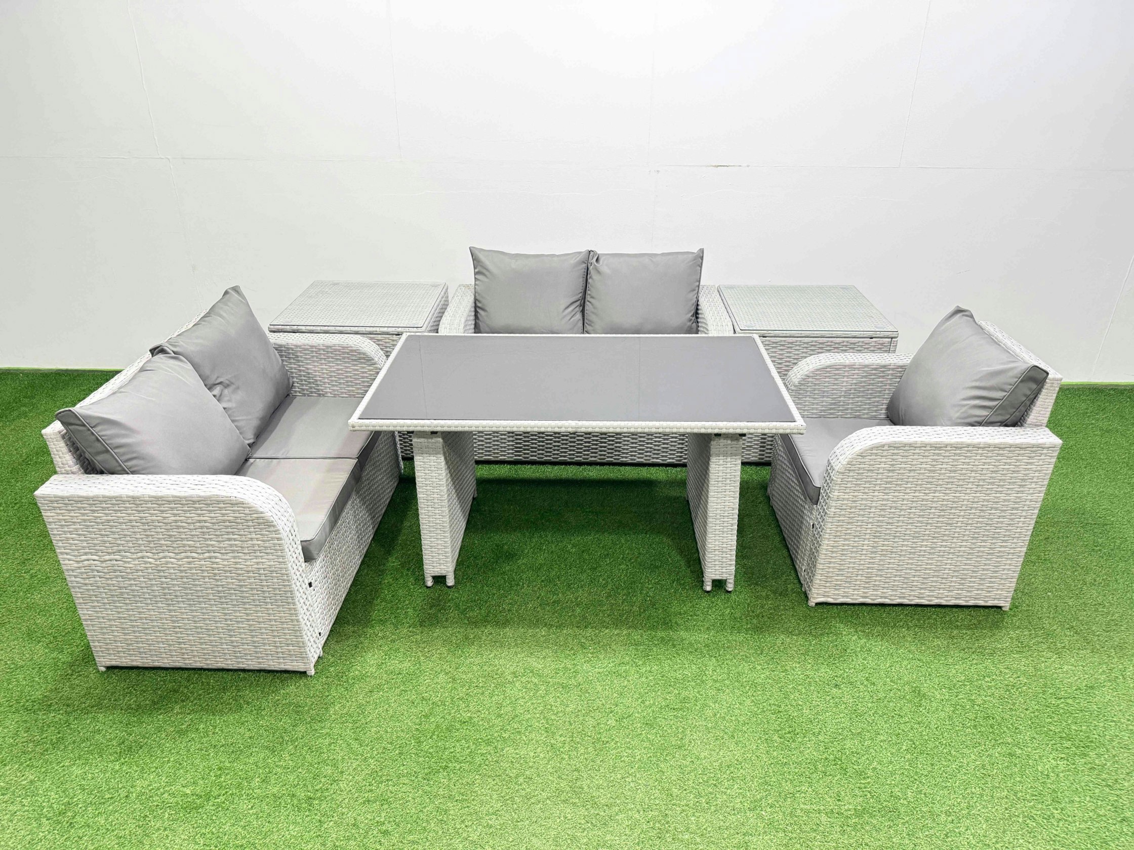 Rackhams Light/Grey Rattan Sofa Outdoor Furniture With Dining Table,2 Side Tables,Love Sofa Patio Furniture 5 Seater