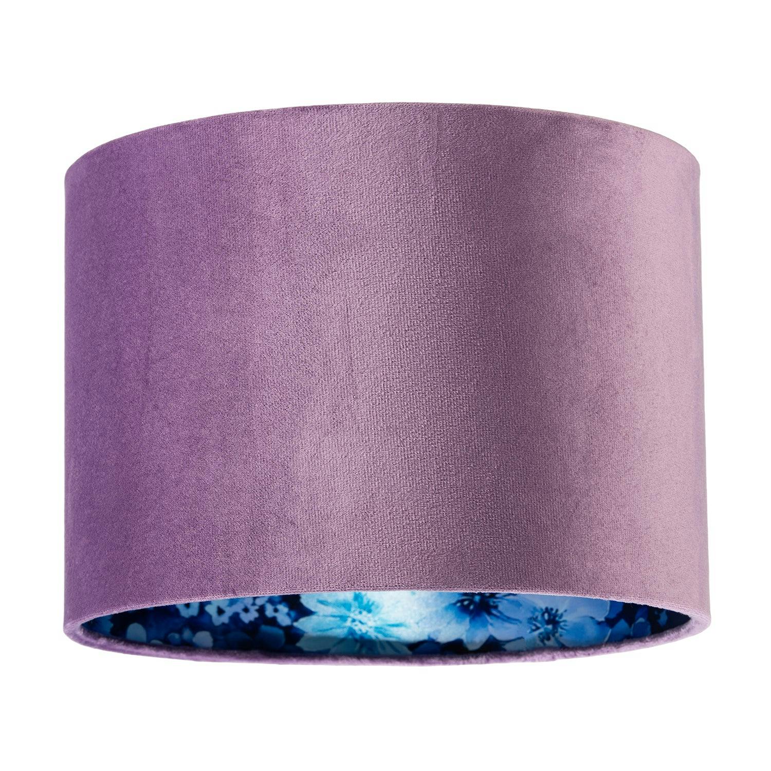 Happy Homewares Lilac Soft Velvet Drum Lampshade With Inner Coloured Floral Lining