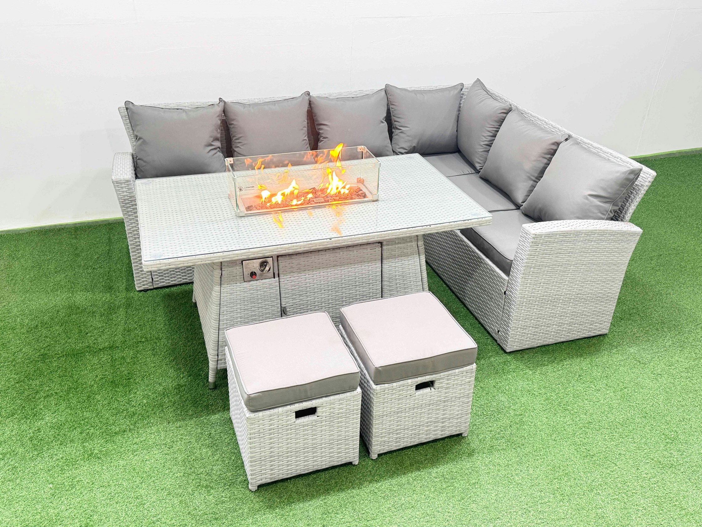 Rackhams Light/Grey 8 Seat Rattan Garden Furniture Corner Sofa Set Outdoor Gas Fire Pit Table Set With 2 Small Footstools