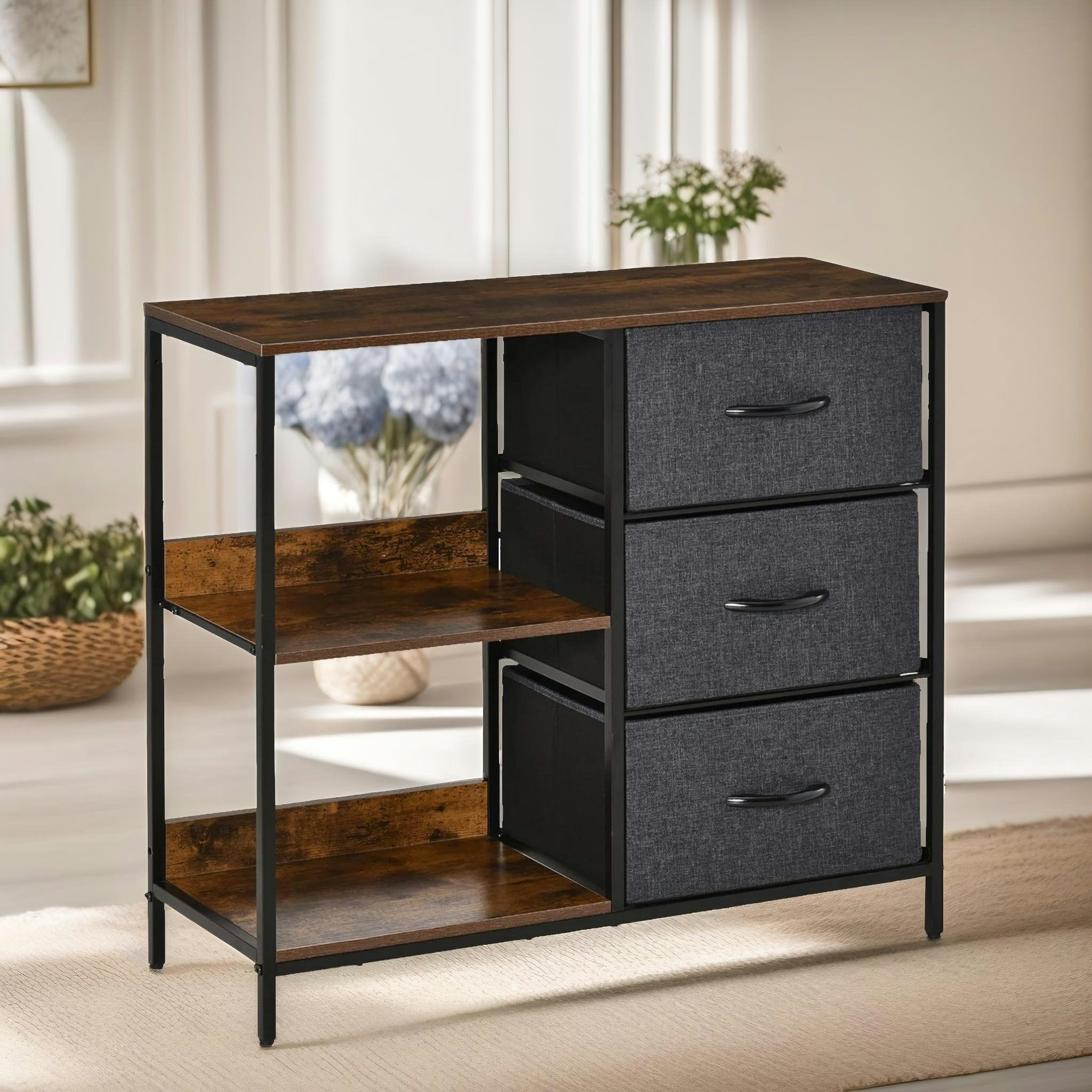 Rackhams Brown Bedroom Chest Dresser With 3 Fabric Drawers And Shelves Rustic