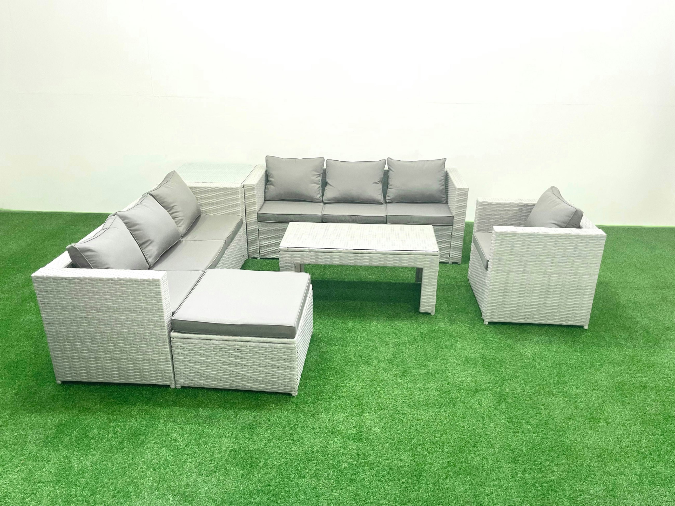 Rackhams Light/Grey Wicker Pe Rattan Sofa Garden Furniture Set With Oblong Coffee Table Armchair Big Footstool Side Table Mixed