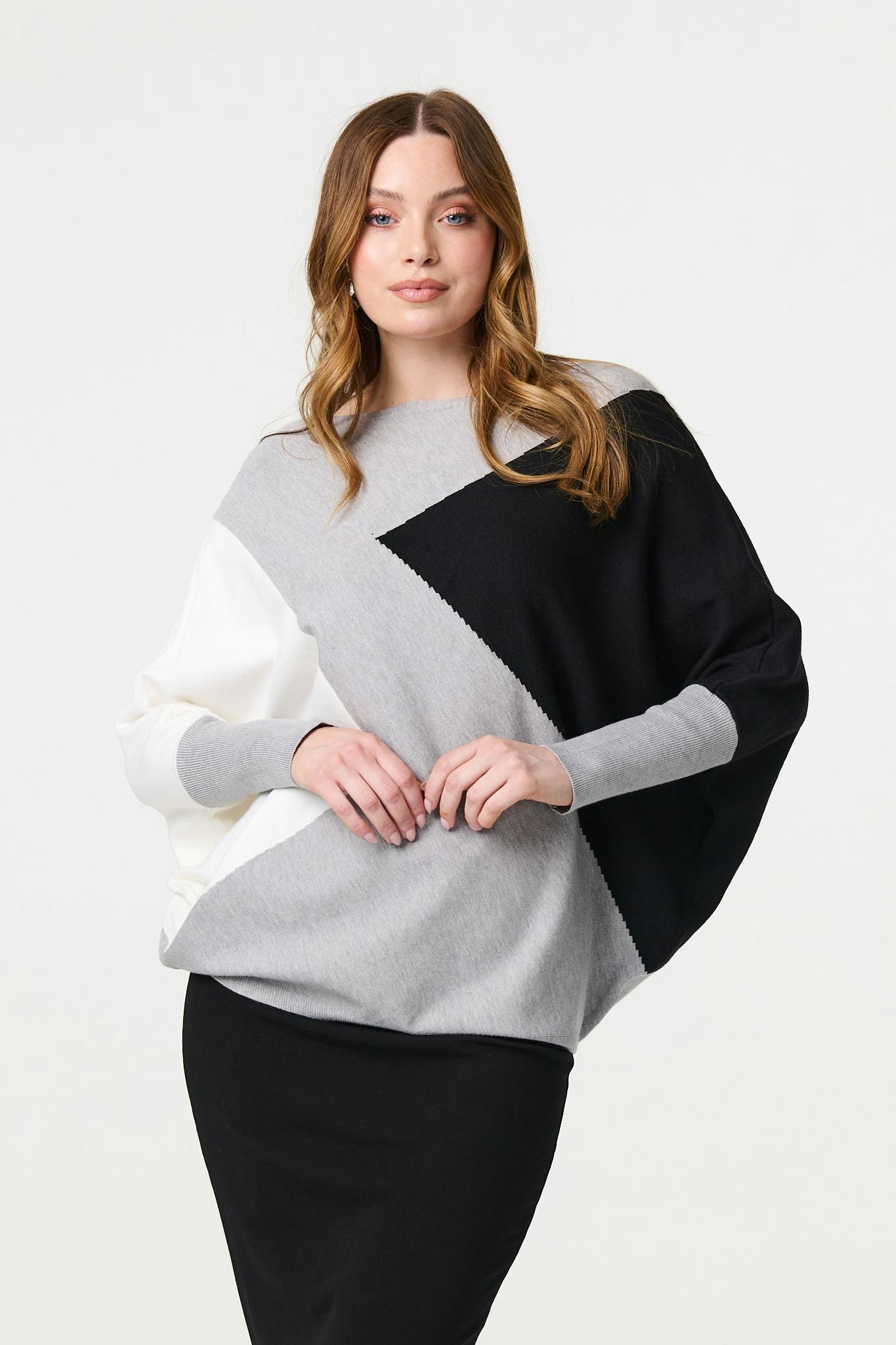 Izabel London Grey Colour Block Oversized Batwing Jumper - 16/18