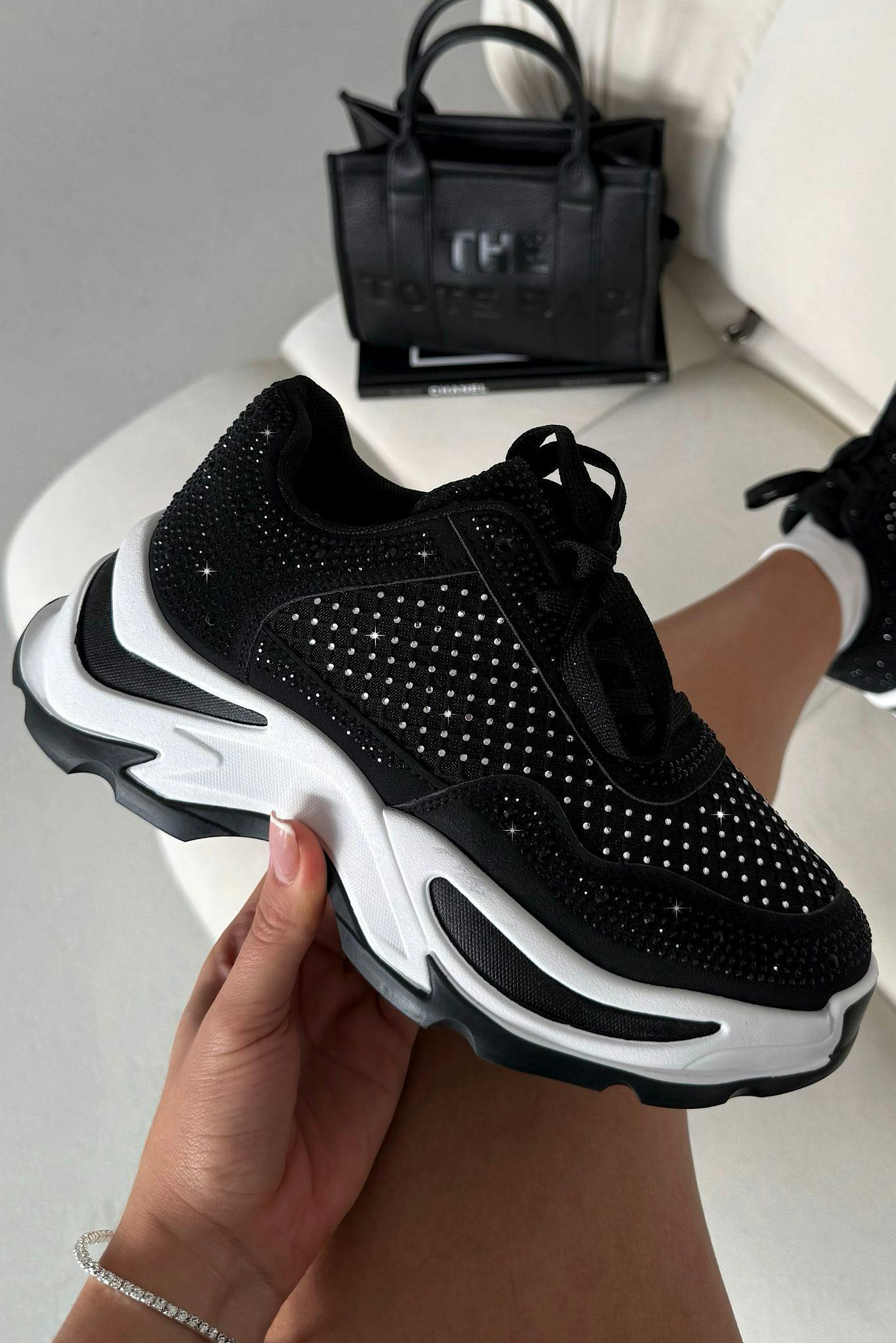 Love Lemonade Women's Black Crystal Luxe Motion Chunky Trainers - Uk 6