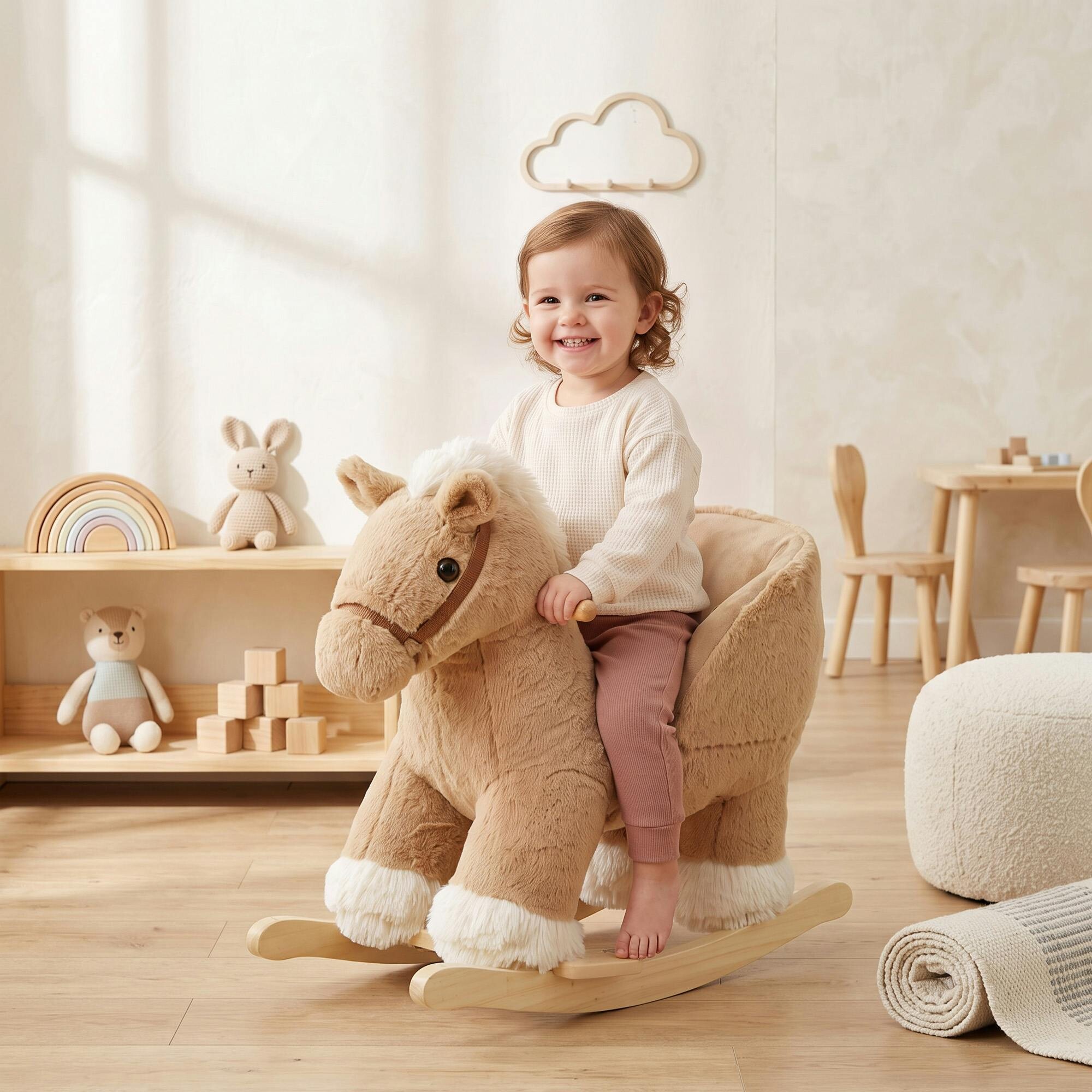 Aiyaplay Brown Kids Rocking Horse With Sound For Toddlers 18-36 Months,