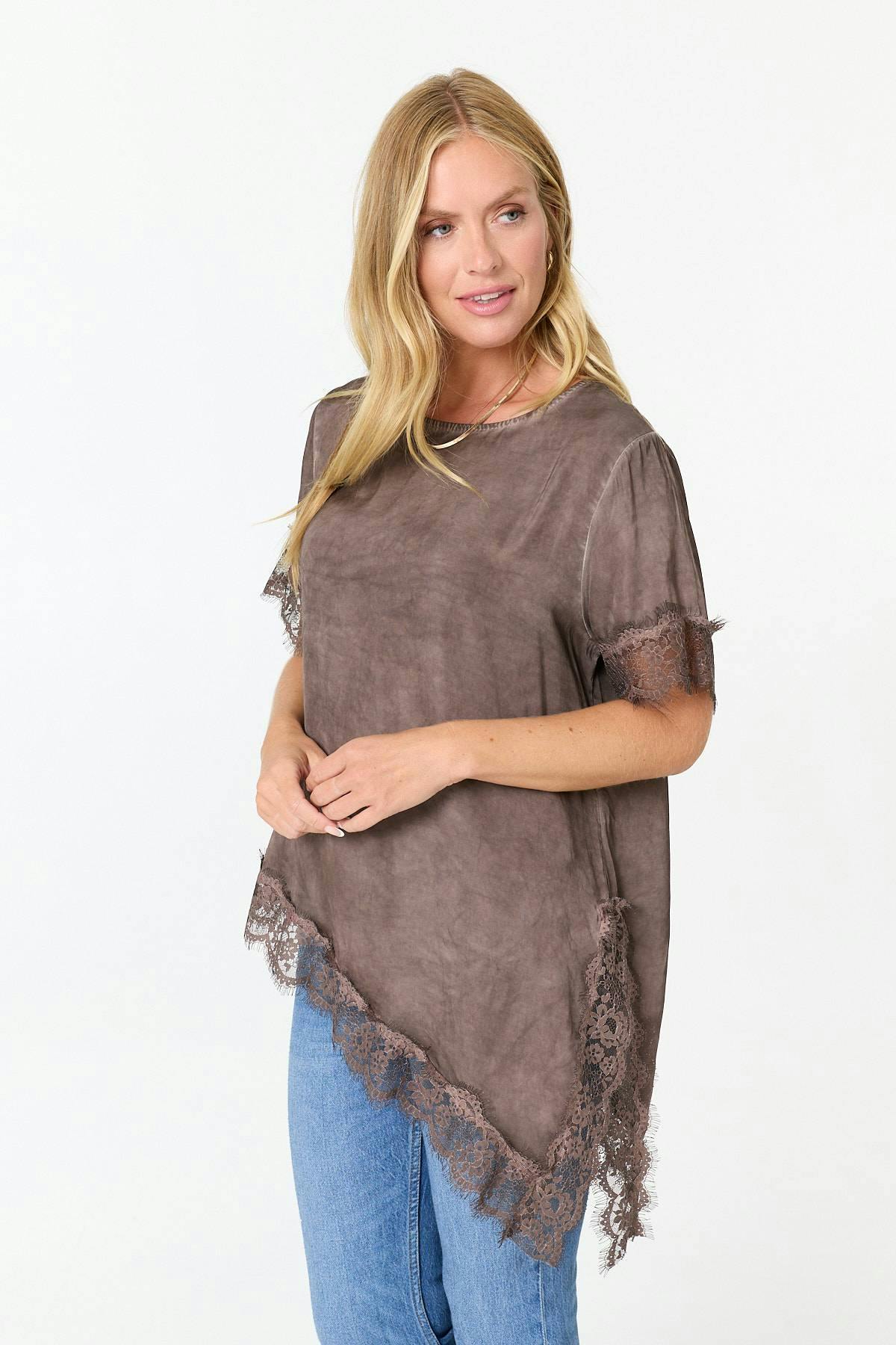 Izabel London Brown Lace Trim Asymmetric 1/2 Sleeve Top - S/M
