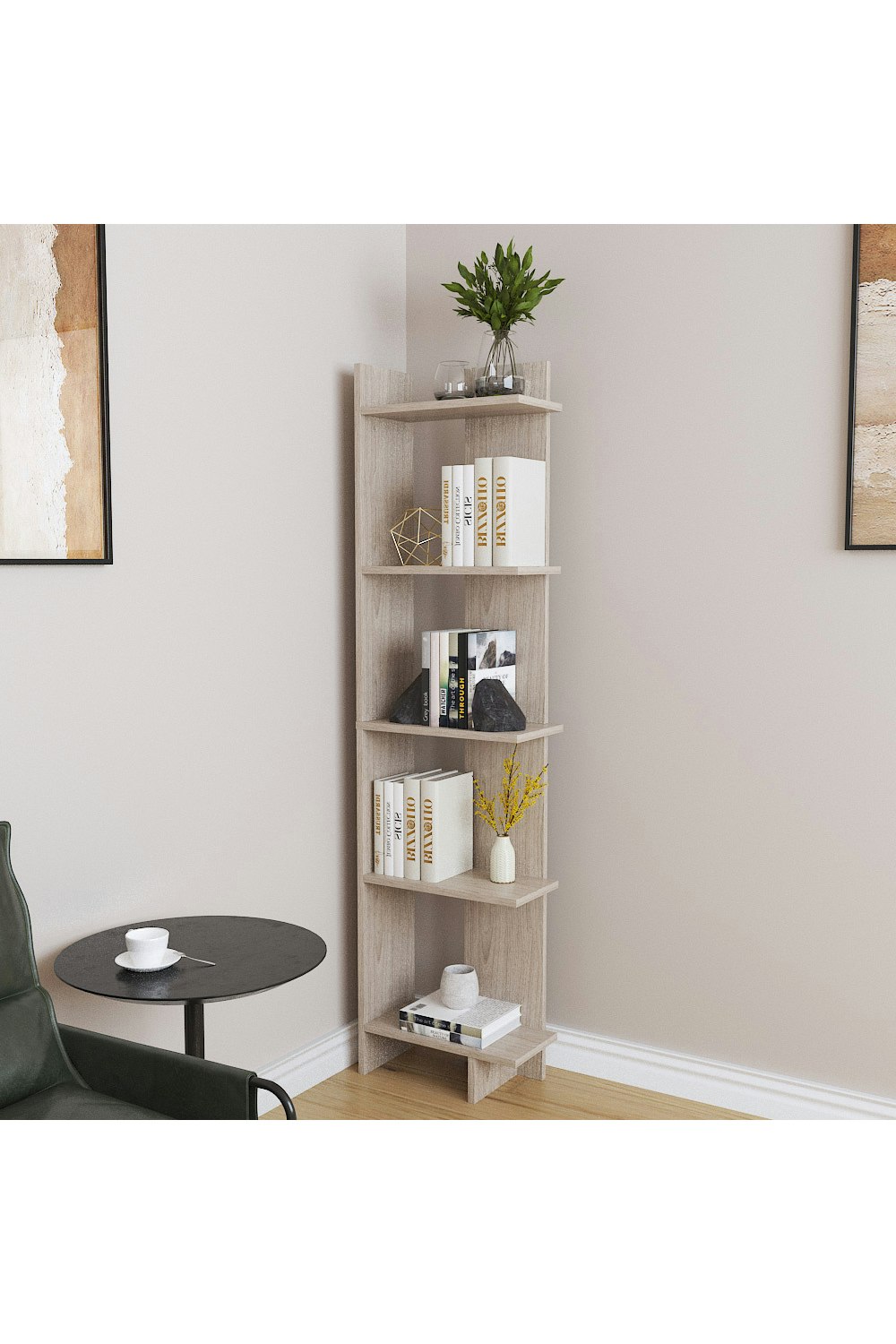Rackhams 5 Tier Regin Wood Corner Bookcase Modern Unit Book Shelf - Natural