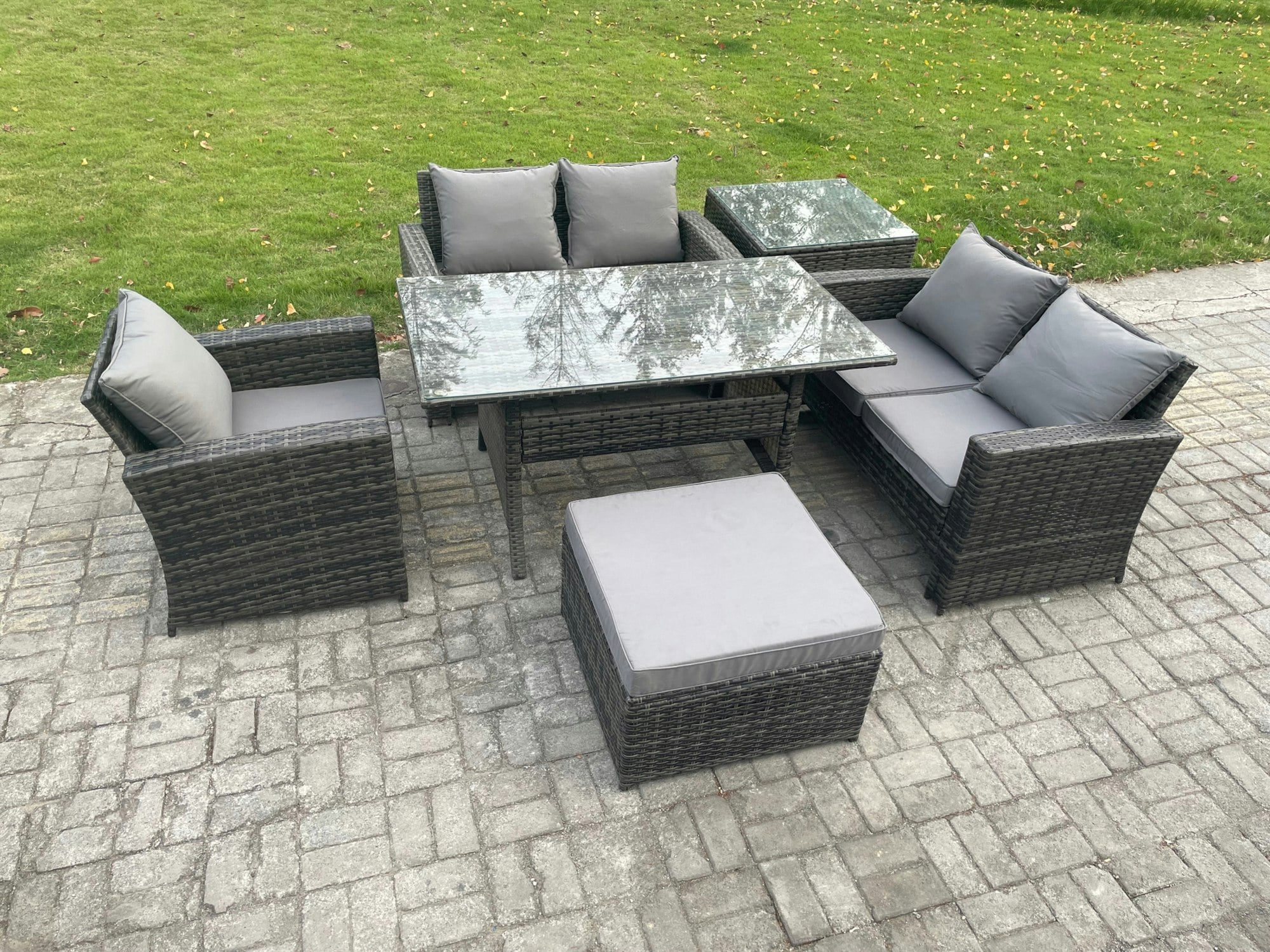 Rackhams Dark/Grey 6 Seater Wicker Rattan Garden Dining Set Outdoor Furniture Sofa With Dining Table Double Seat Sofa Big Footstool Side Table Mixed