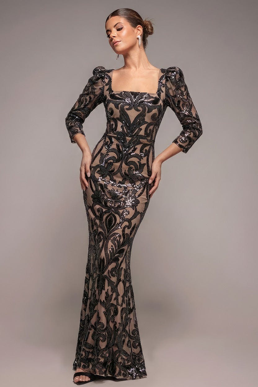 Goddiva Black Square Neck Scalloped Lace Maxi - By - 10
