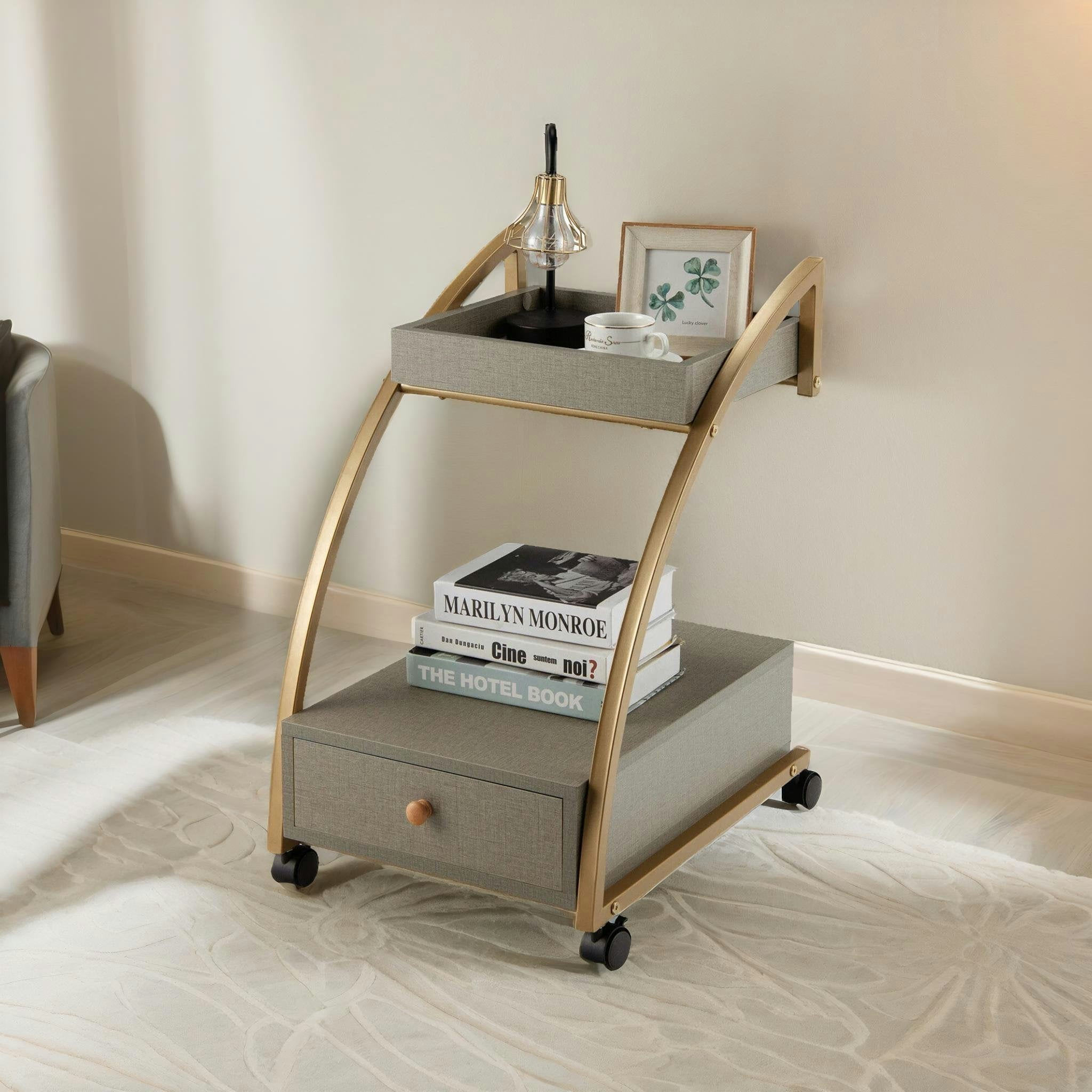 Rackhams Gold Rolling Bedside Nightstand Table With Drawer