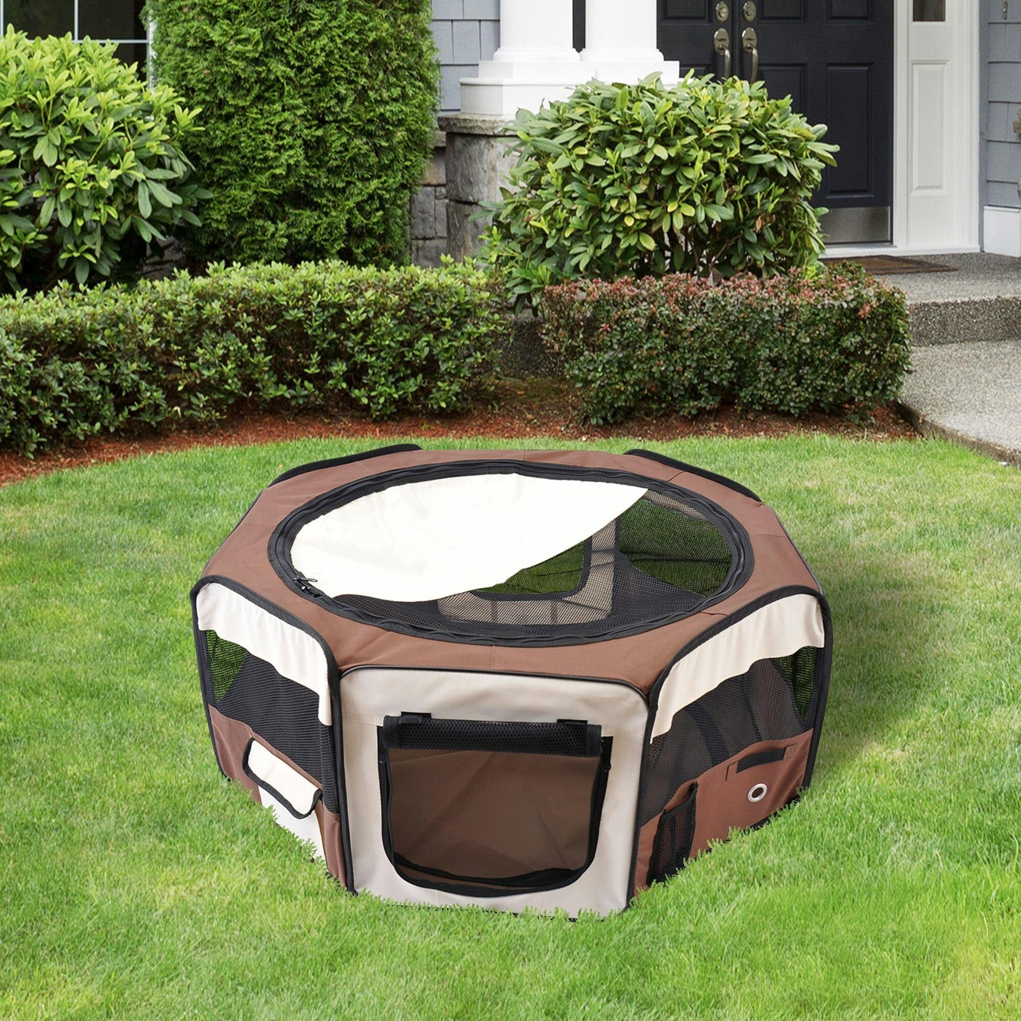 Pawhut Brown Fabric Pet Puppy Dog Cat Rabbit Pig Guinea Playpen Play Pen Run Dia90 X 41H Cm And Cream | Aosom Uk - Image 5