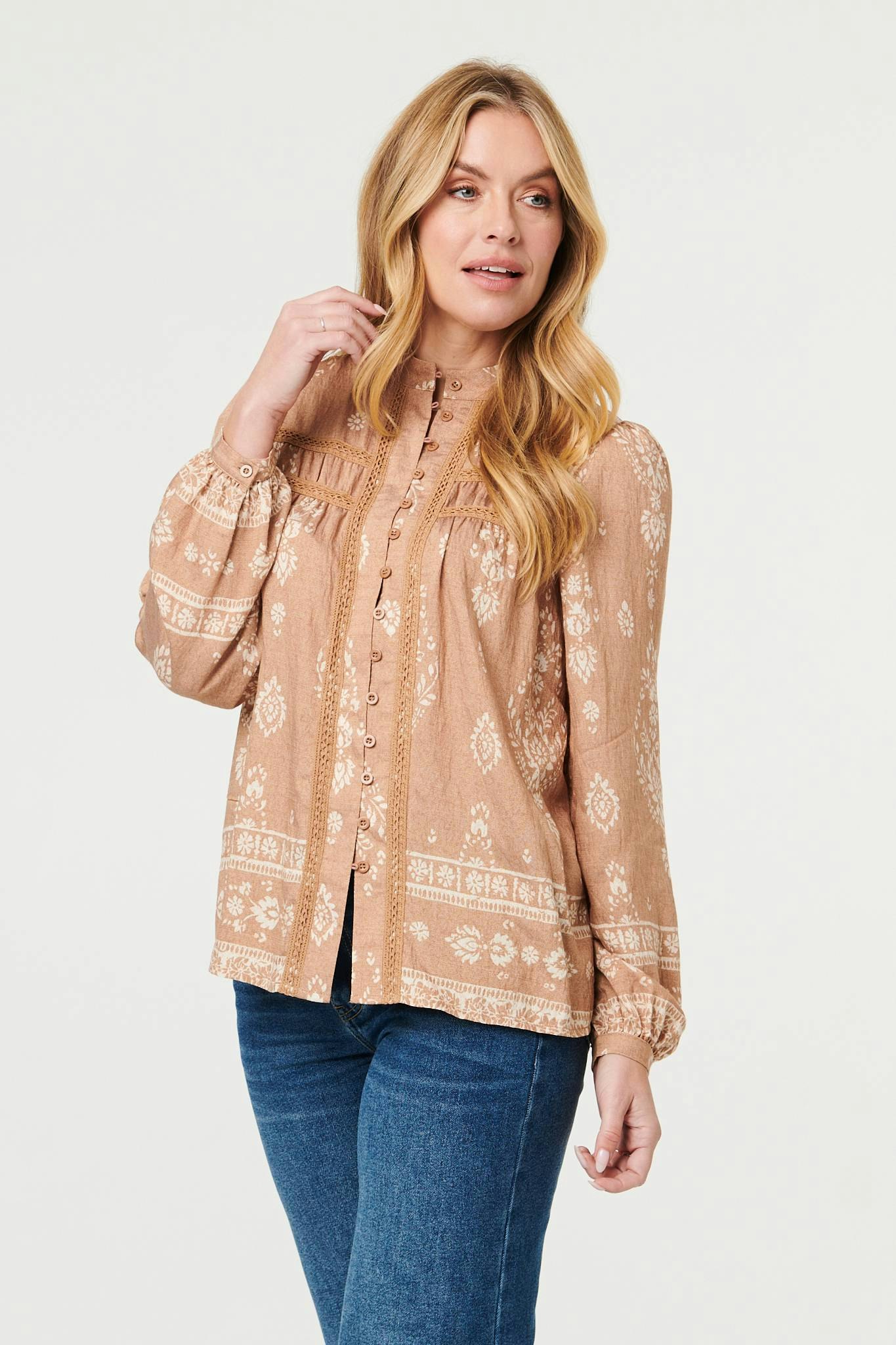 Izabel London Beige Printed Lace Trim Long Sleeve Blouse - 10