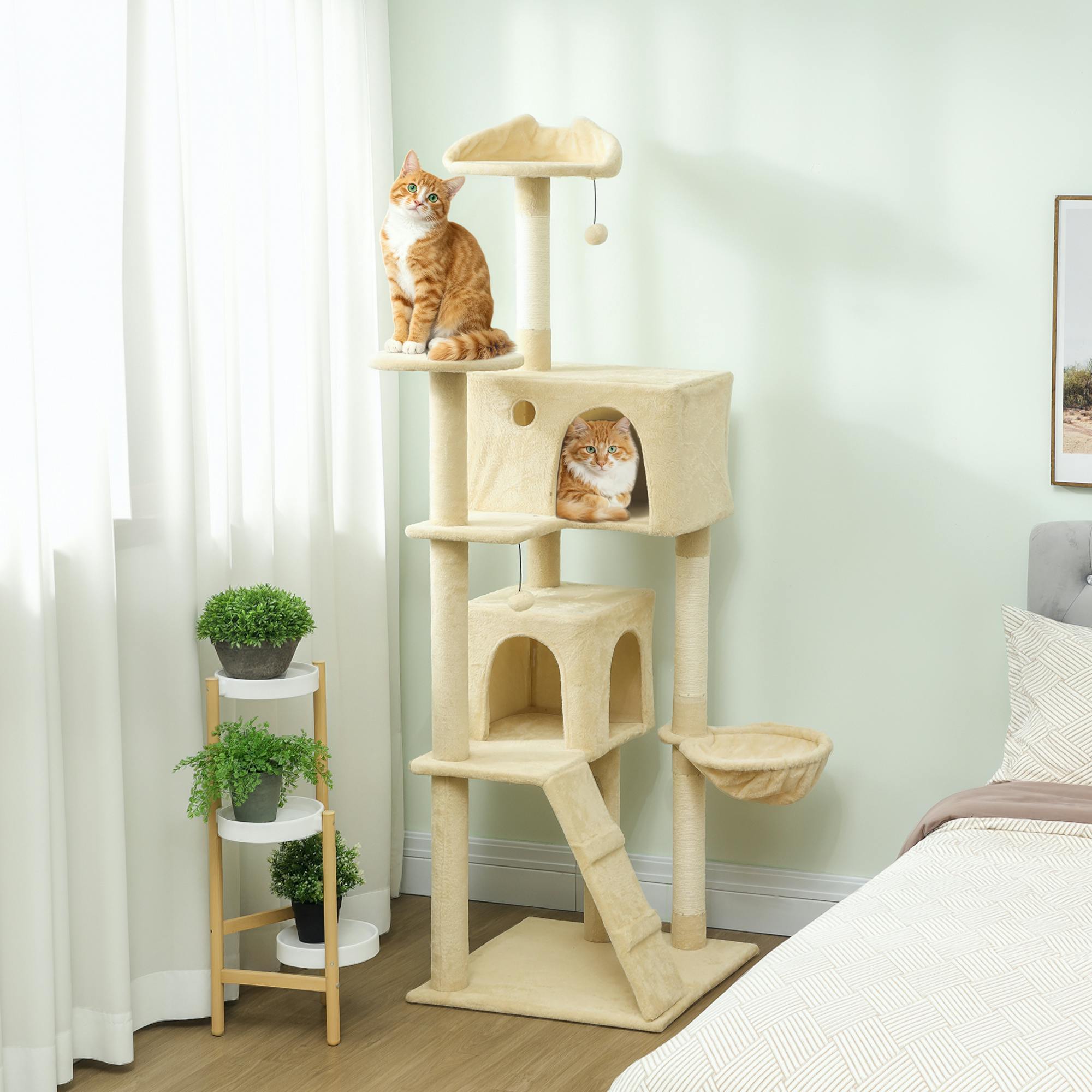 Pawhut Beige Cat Tree With Sisal Scratching Posts, Cat Houses - 56W X 56D X 180H Cm