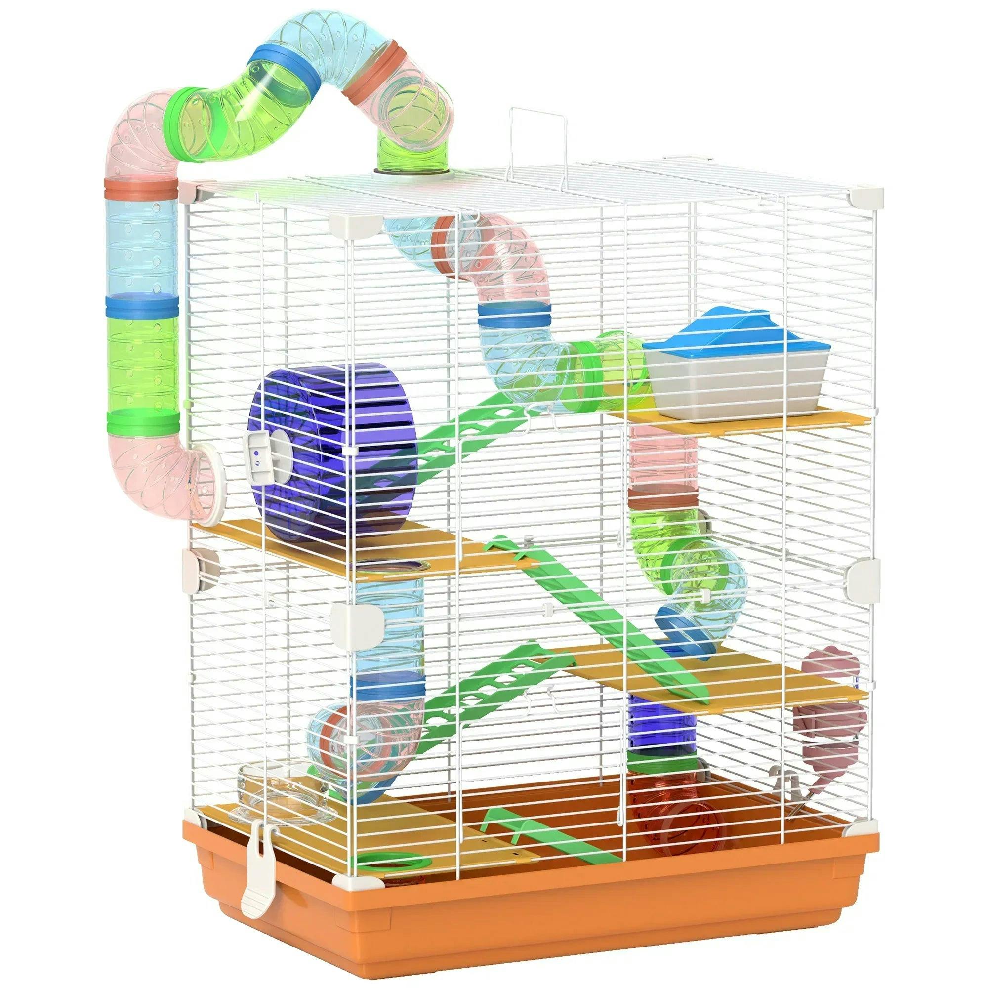 PawHut 5 Tier Hamster Cage Habitat - Orange - Includes Exercise Wheel, Tunnel, Platforms, Food Dish & Water Bottle - Image 3