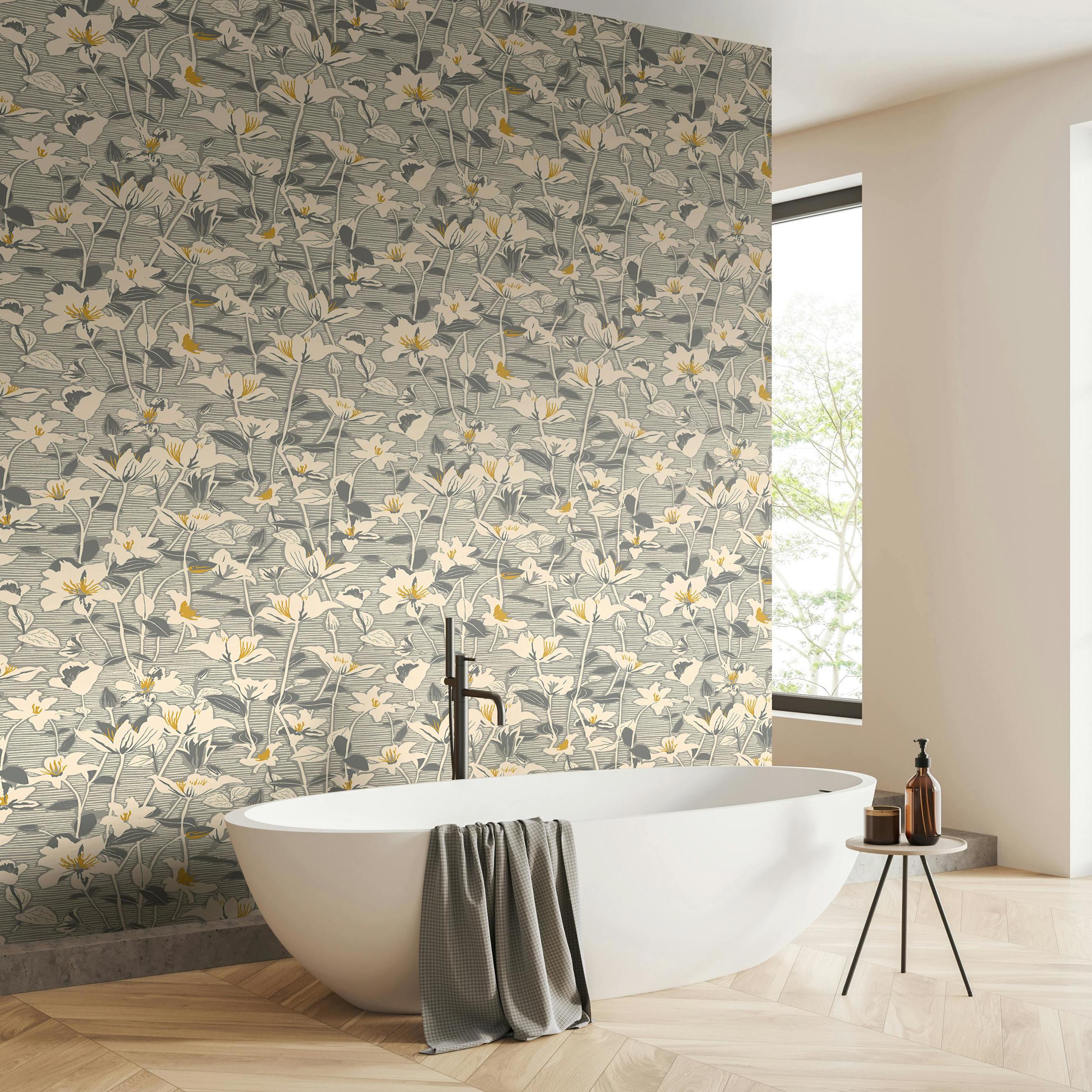Hoopla Walls Lino Leaves - Gunmetal 10M Wallpaper