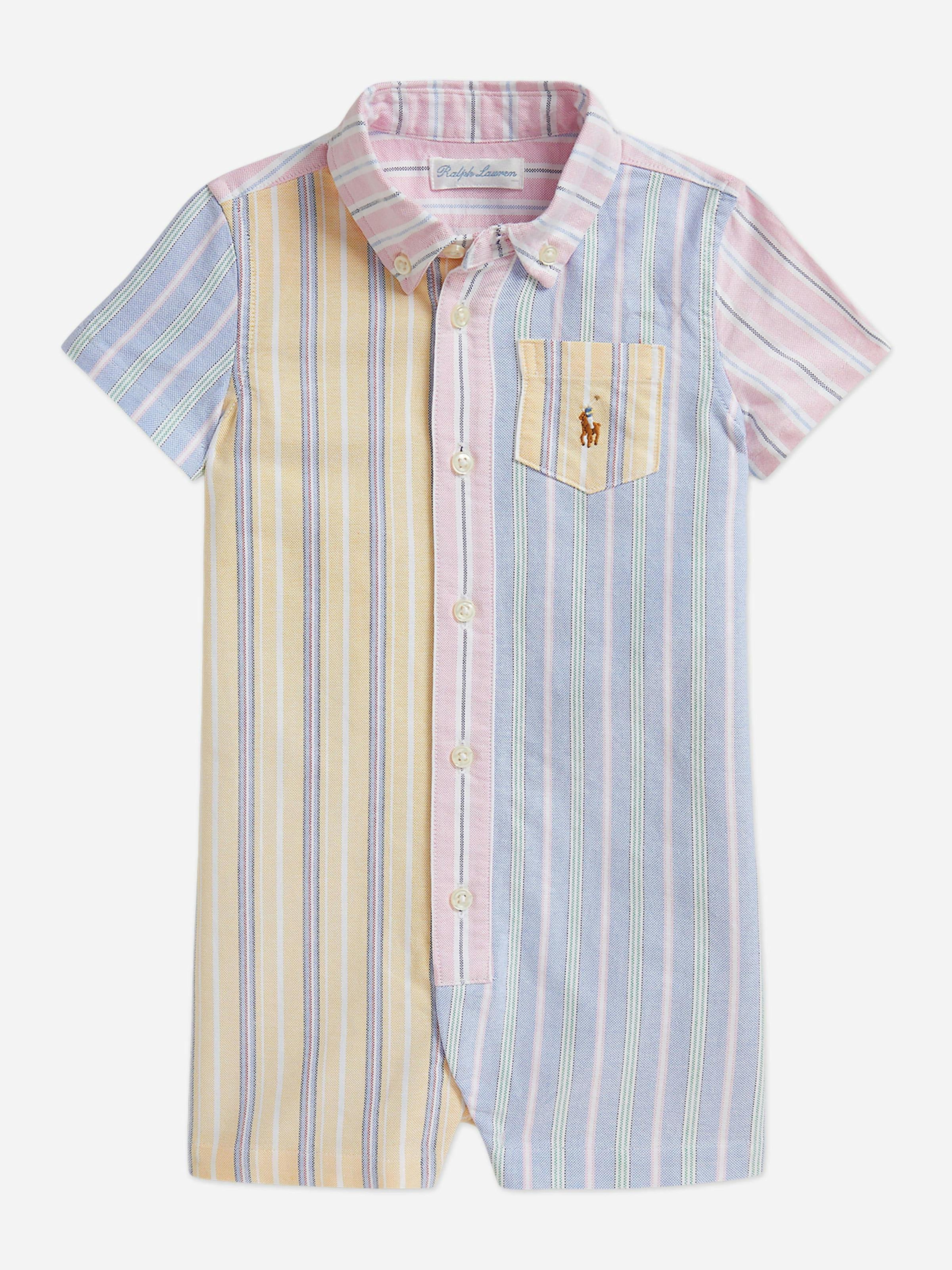 Ralph Lauren Kids Boys Blue Ralph Lauren Baby Striped Oxford Romper In - 9 Mths