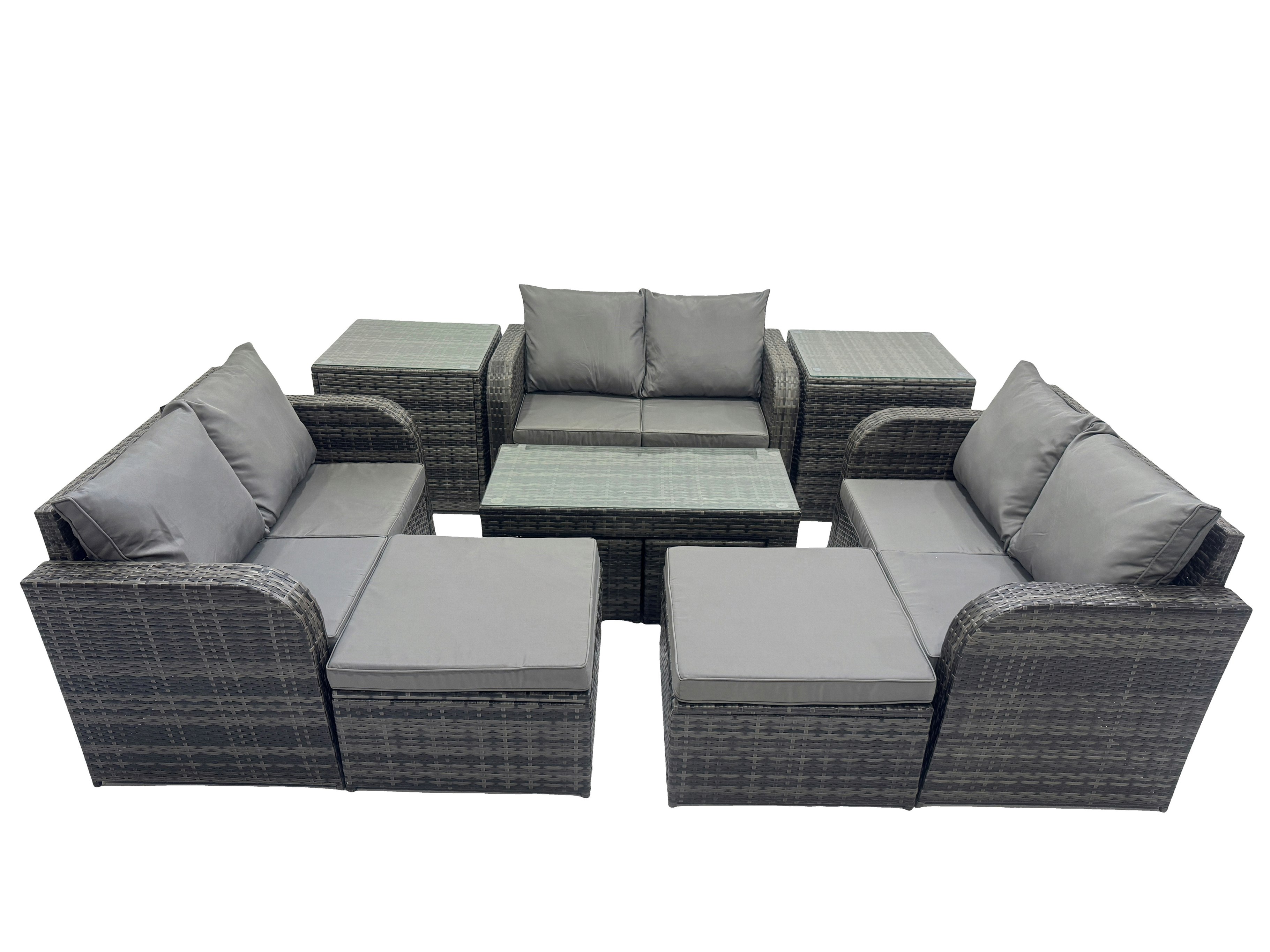 Fimous Dark/Grey 3 Seater Sofa Reclining Chair Coffee Table Set Rattan Garden Outdoor Furniture Set With 2 Side Table 2 Big Footstools Mixed