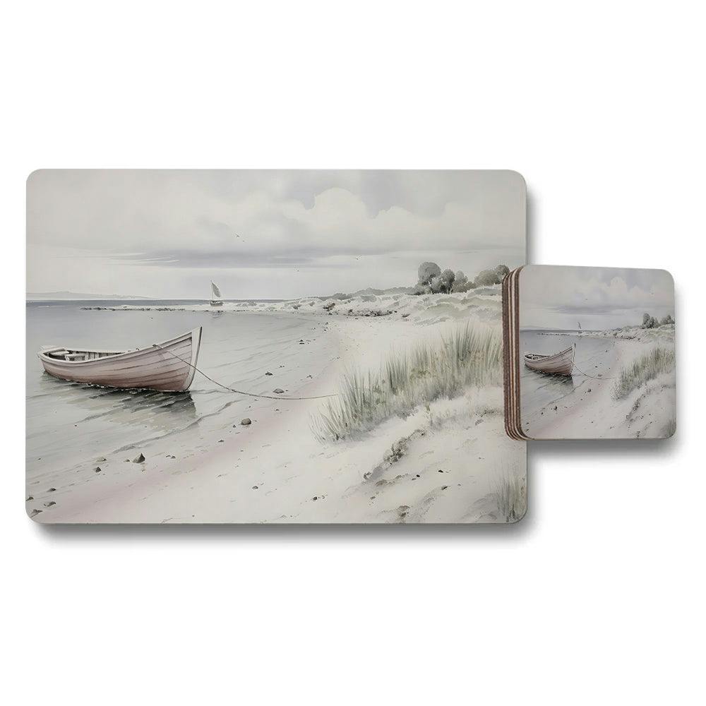 Benjamin Tate Design Blue/Grey Beach Scene Boat On Shore Watercolor Placemat And Coaster Set