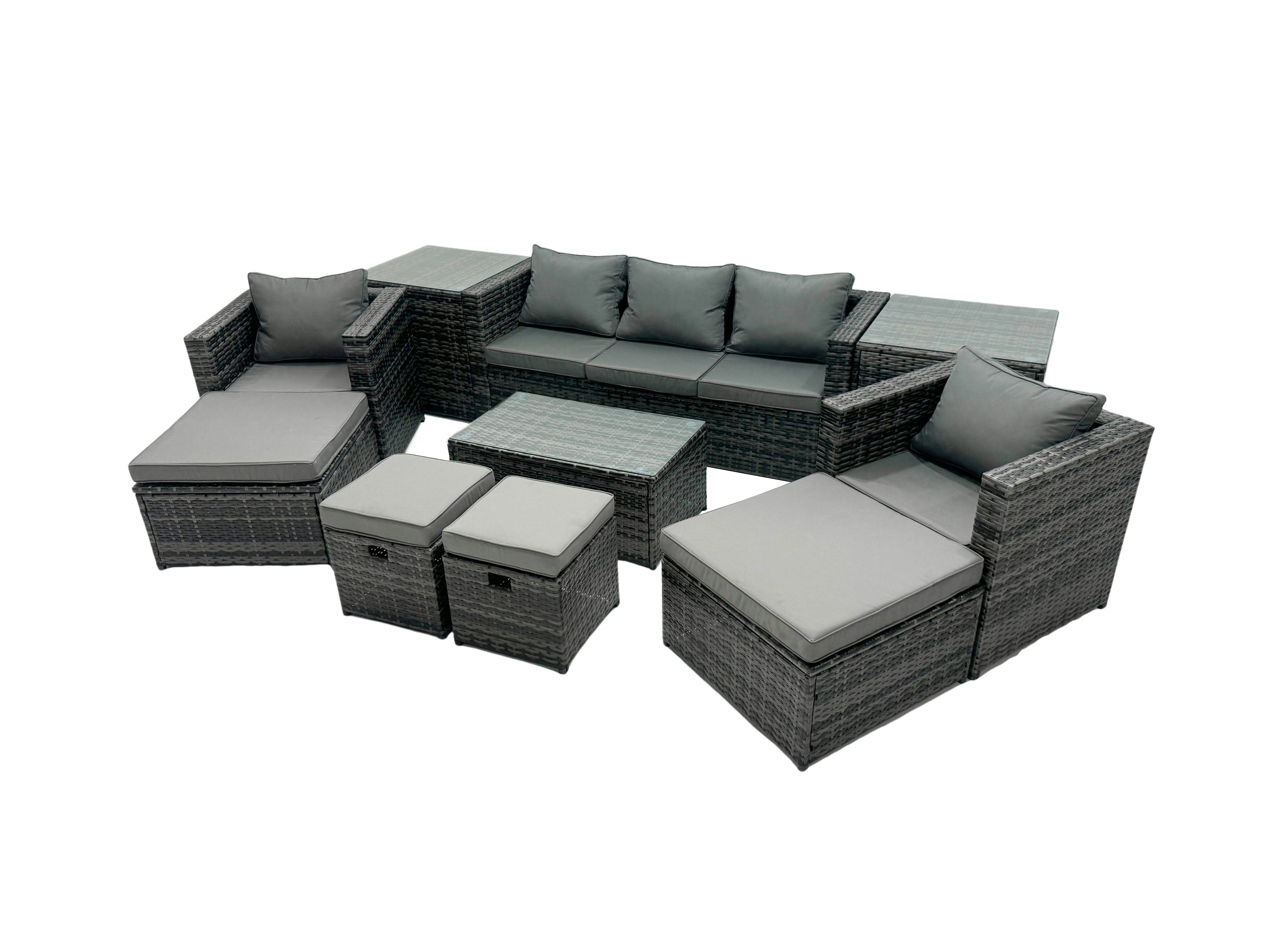 Rackhams Dark/Grey Outdoor Coffee Table Sofa Armchair Set With 2 Side Tables 2 Big Stools 2 Small Footstools Garden Furniture Set Mixed
