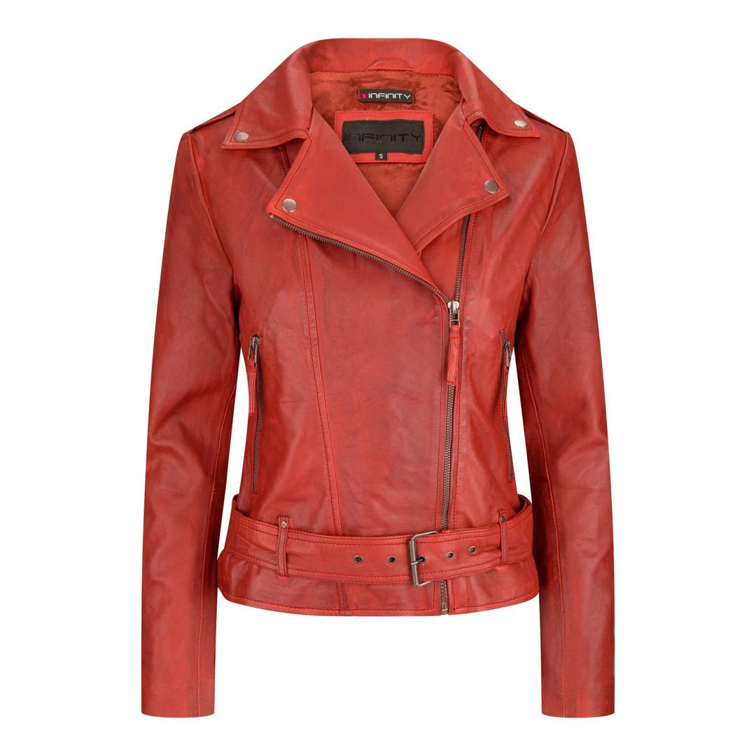 Aviatrix Women's Red Leather Biker Jacket With Belt - Uk 20