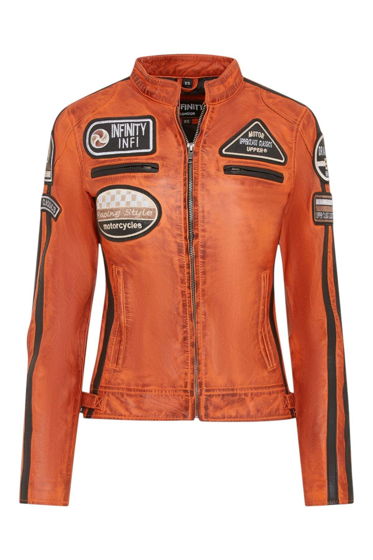 Infinity Leather Women's Orange Leather Biker Racing Badges Jacket-Agadir - Uk 4XL/22 | Eu 48 | Us 18