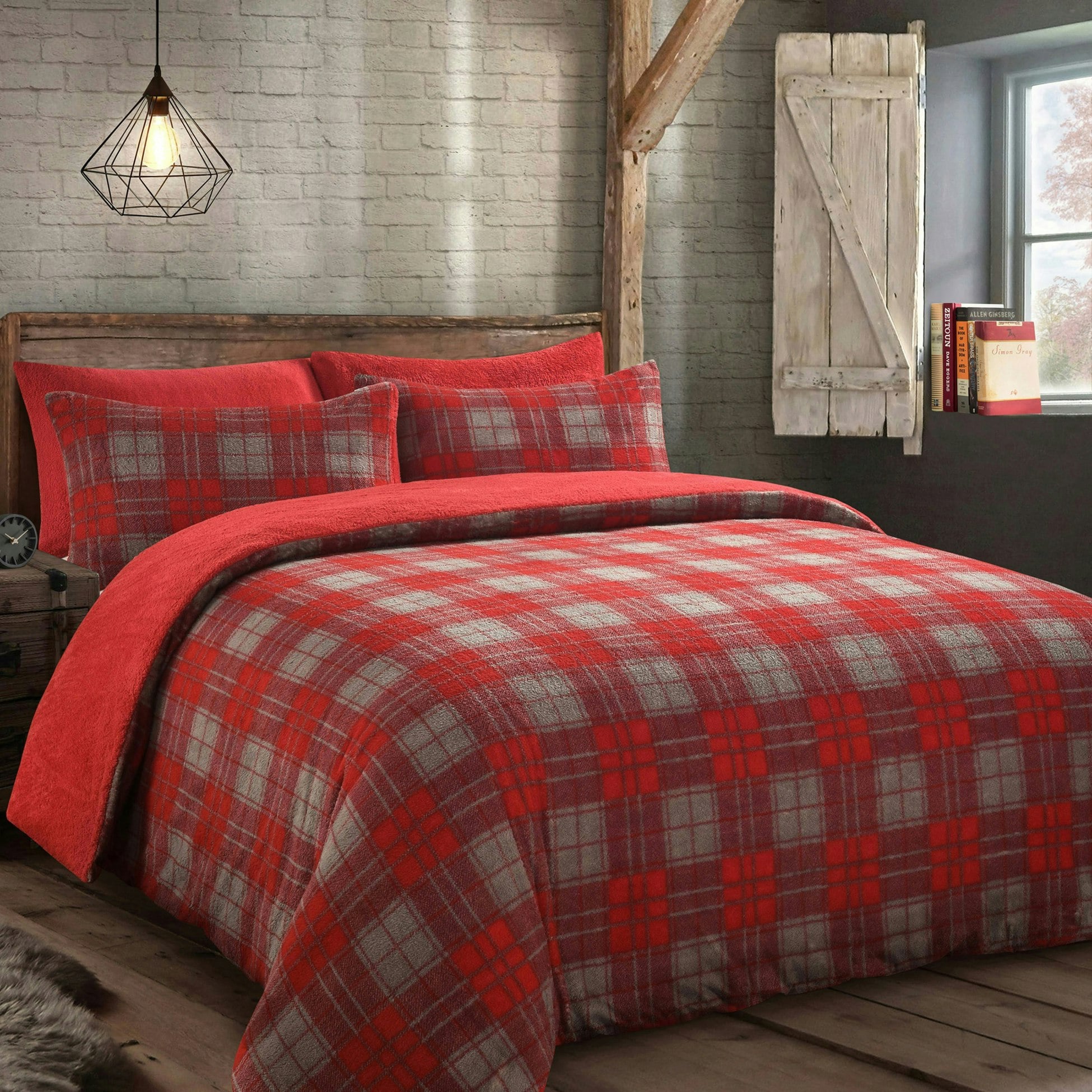 Velosso Red Check Teddy Fluffy And Warm Fleece Duvet Cover Set - King