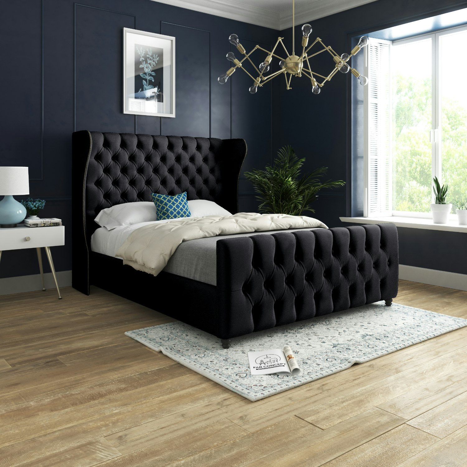 Rackhams Black Donati Straight Curved Top Upholstered Soft Velvet Bed Frame - King