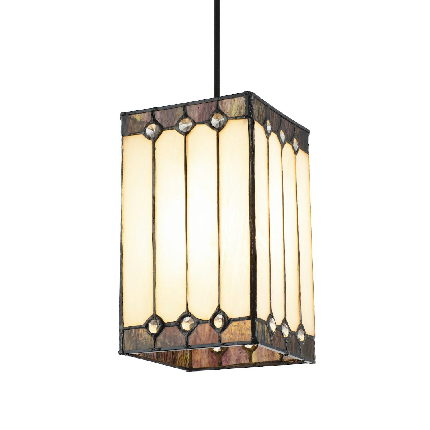 Rackhams White Square Lantern Opal Stained Glass Tiffany Pendant Shade With Clear Beads