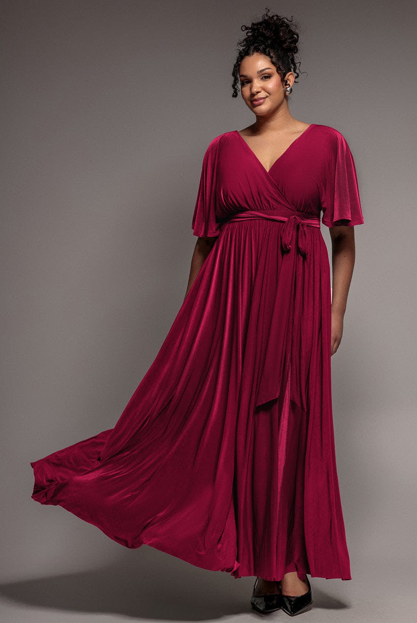 Goddiva Plus Wrap Front Maxi With Flutter Sleeves - Berry By - Berry - 24