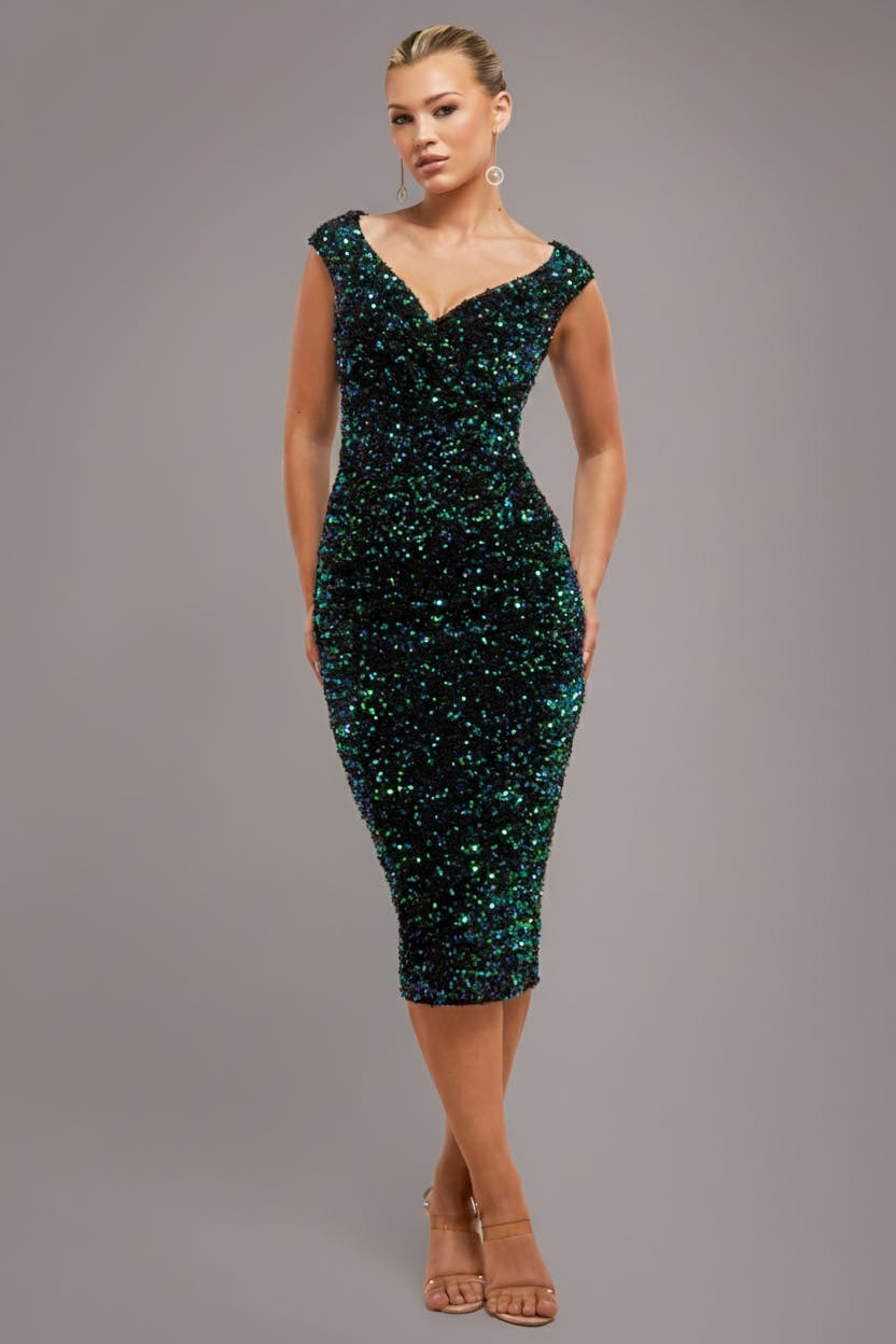 Goddiva Green Multi Sequin & Velvet Bardot Midi - Emerald By - Emerald - 18