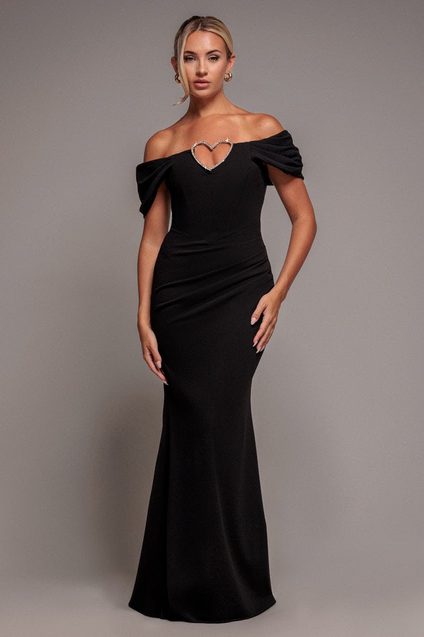 Goddiva Black Diamante Heart Trim Evening Maxi Dress - By - 8