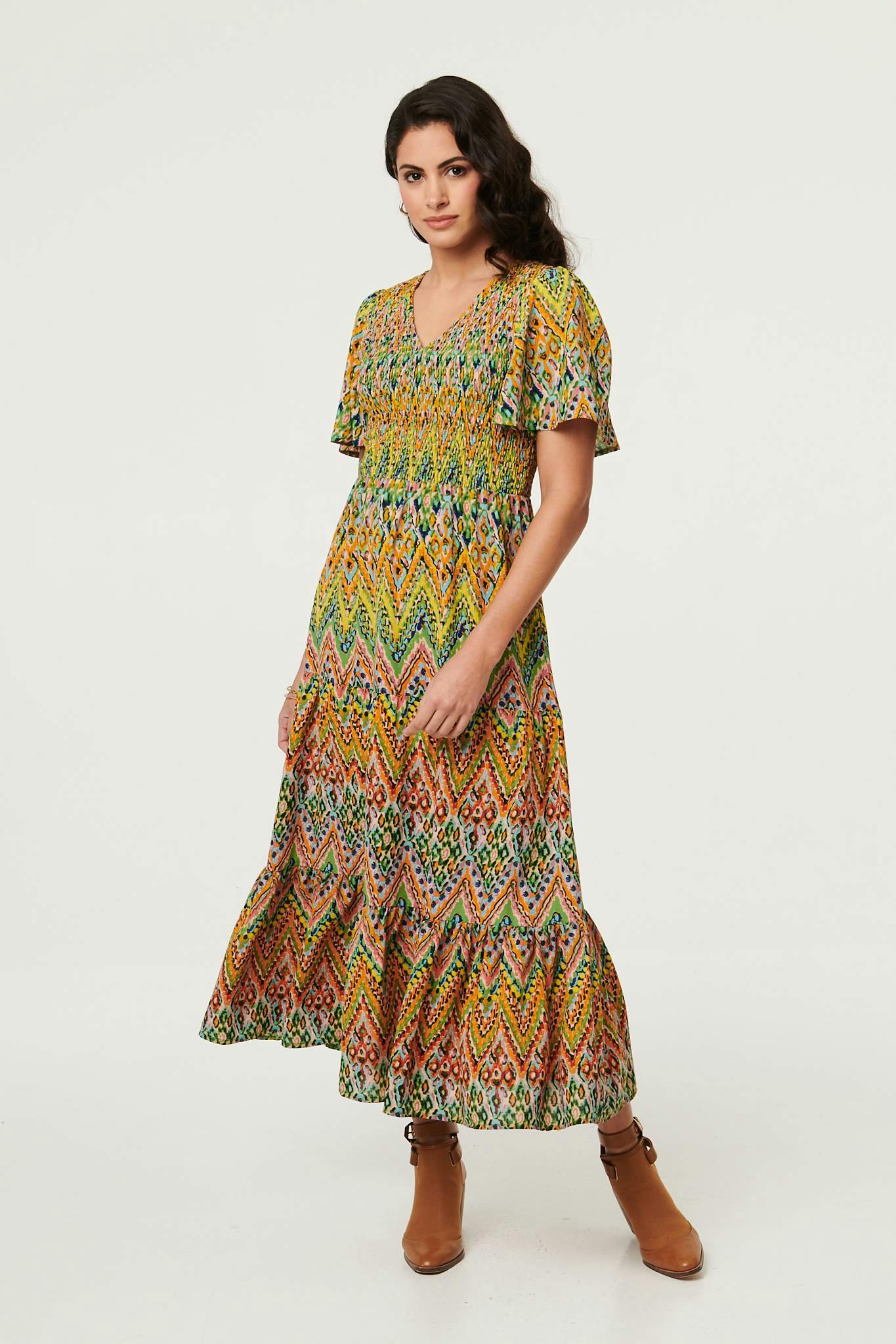 Izabel London Green Printed Angel Sleeve Tiered Midi Dress - 12