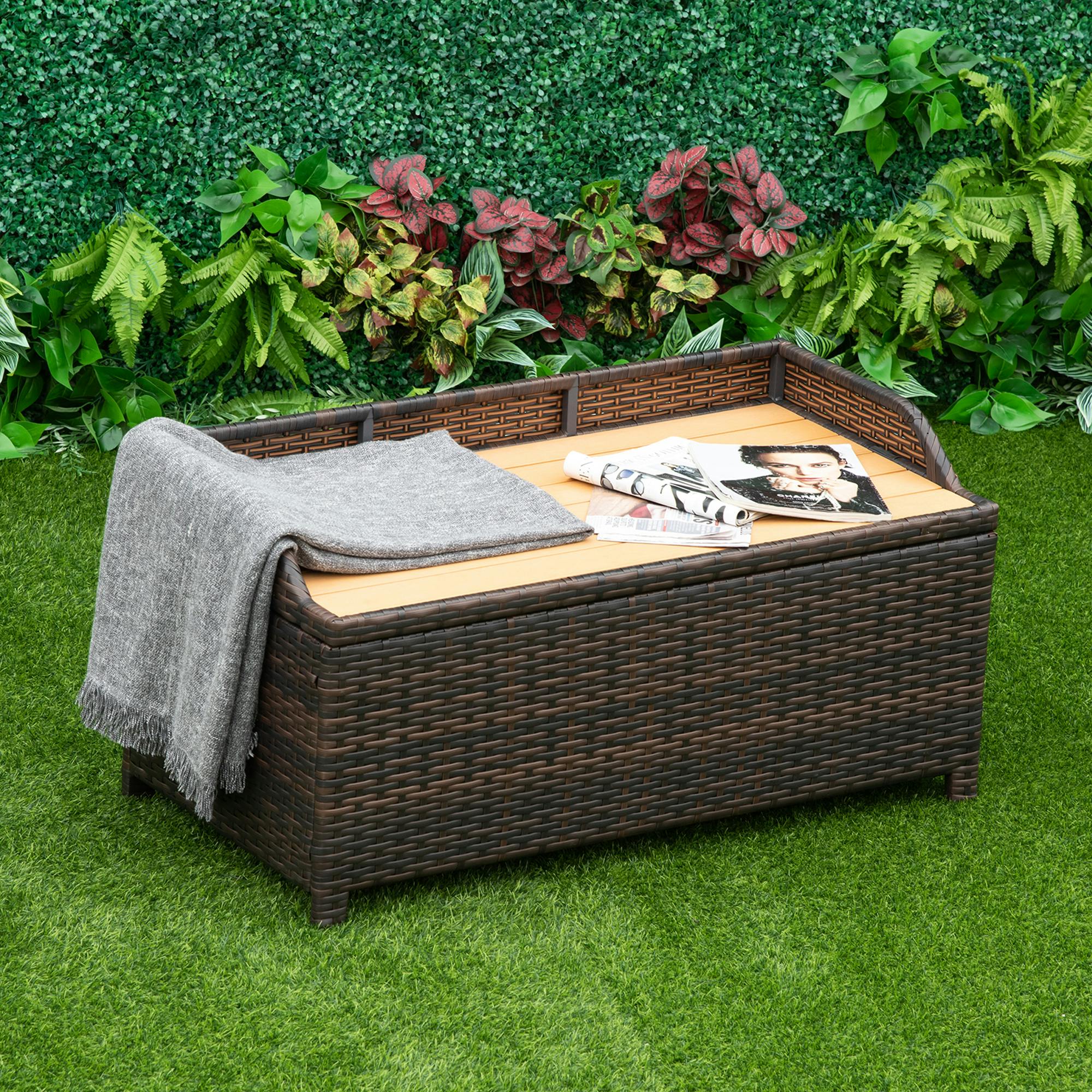 Rackhams Brown Rattan Outdoor Storage Bench With Aluminium Frame - 102 X 51 X 52Cm - Mixed