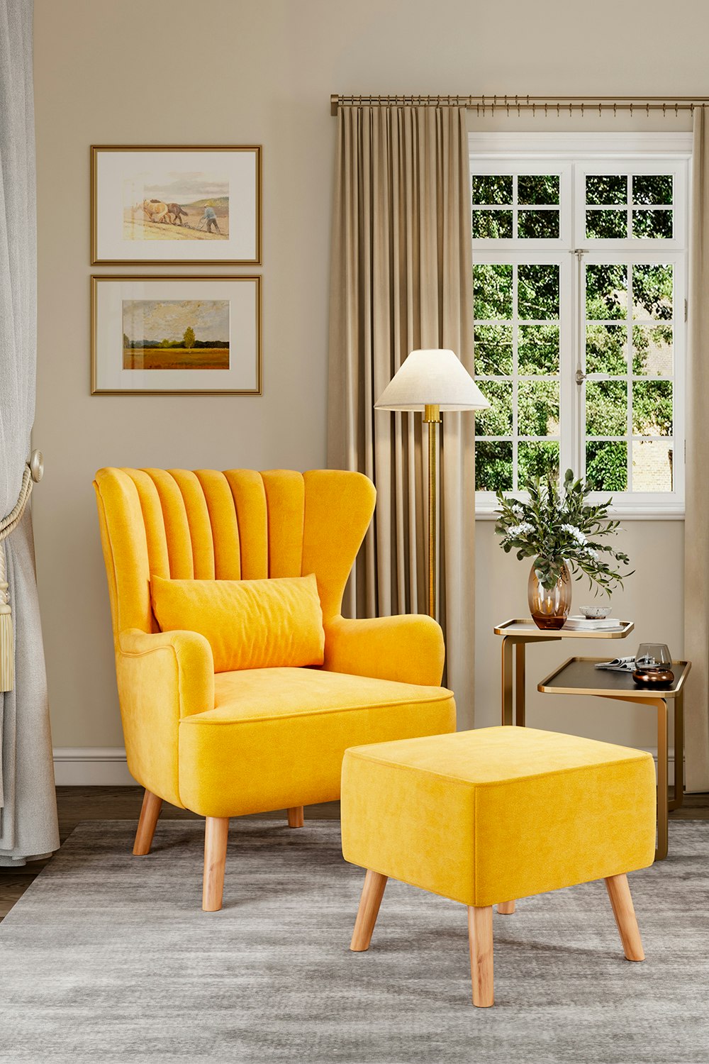 Rackhams Yellow Brushed Fabric Stripe Curved Backrest Armchair With Footstool & Cushion
