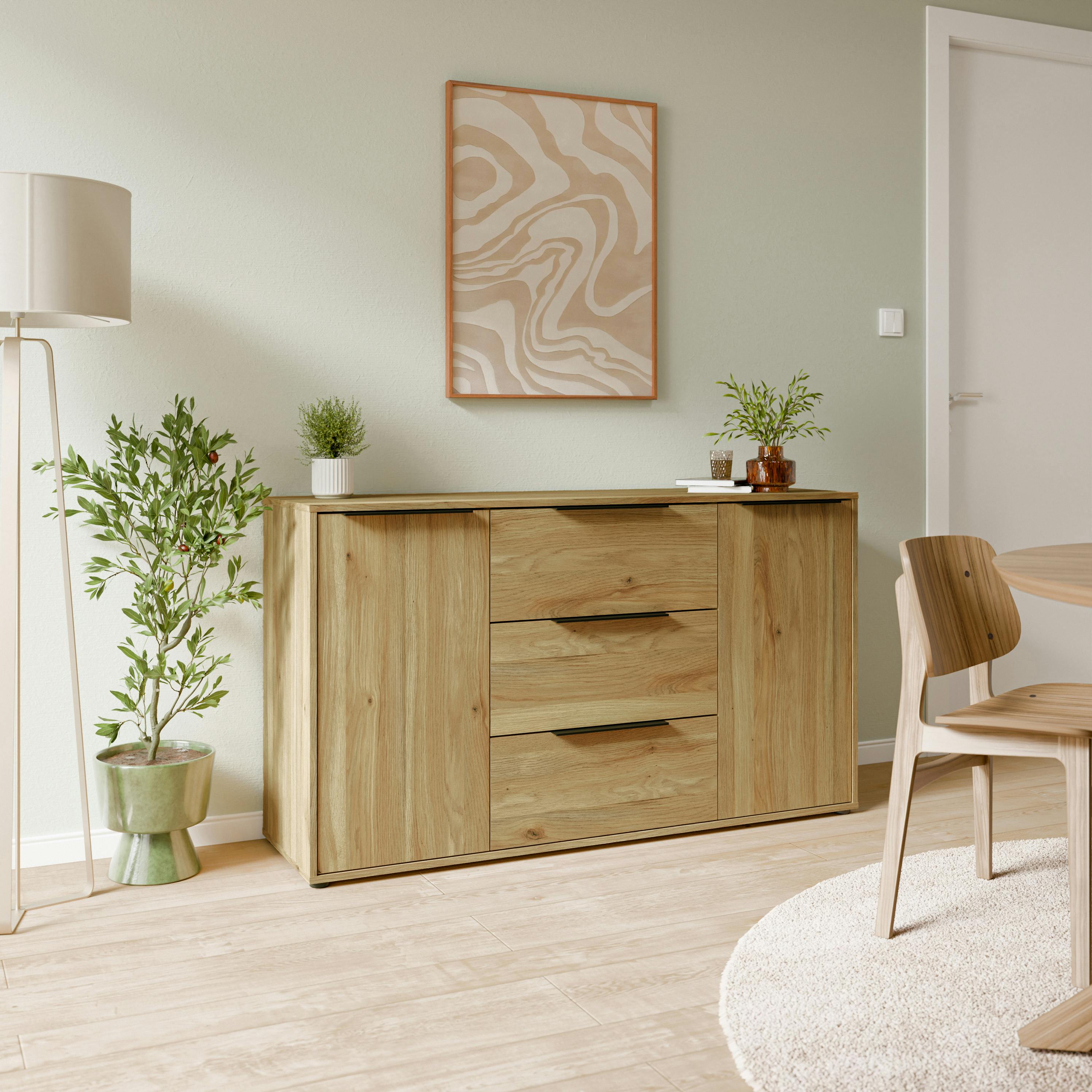 Furniture To Go Grain Orkney 3 Drawer Sidebaord With 2 Doors In Mauvella Oak - W 142.6 X H 81.7 X D 41.4Cm - Mauvella Oak - 1
