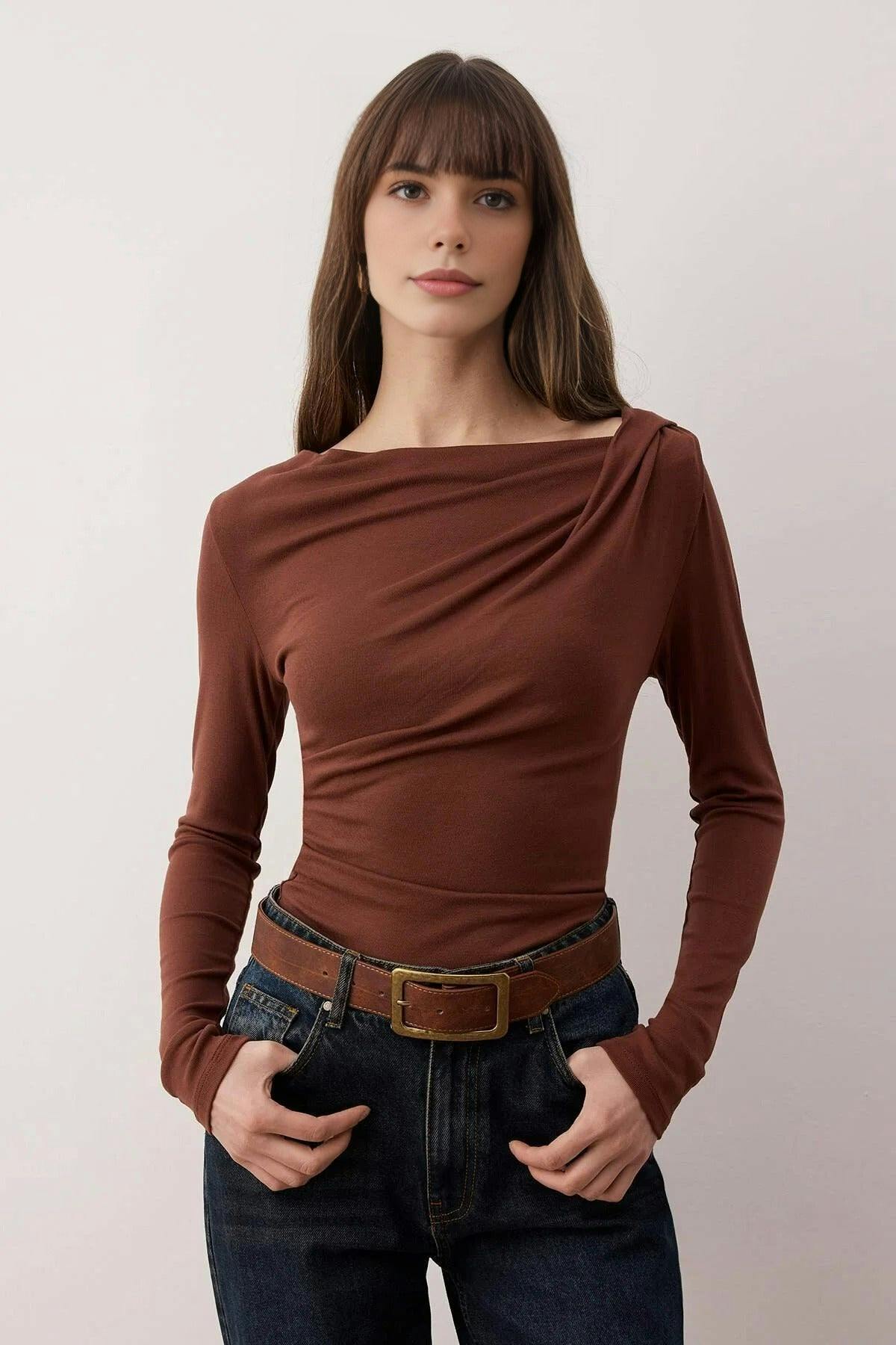 Wovcor Brown Asymmetrical Neckline Detail Flexible Knit Blouse - Xl