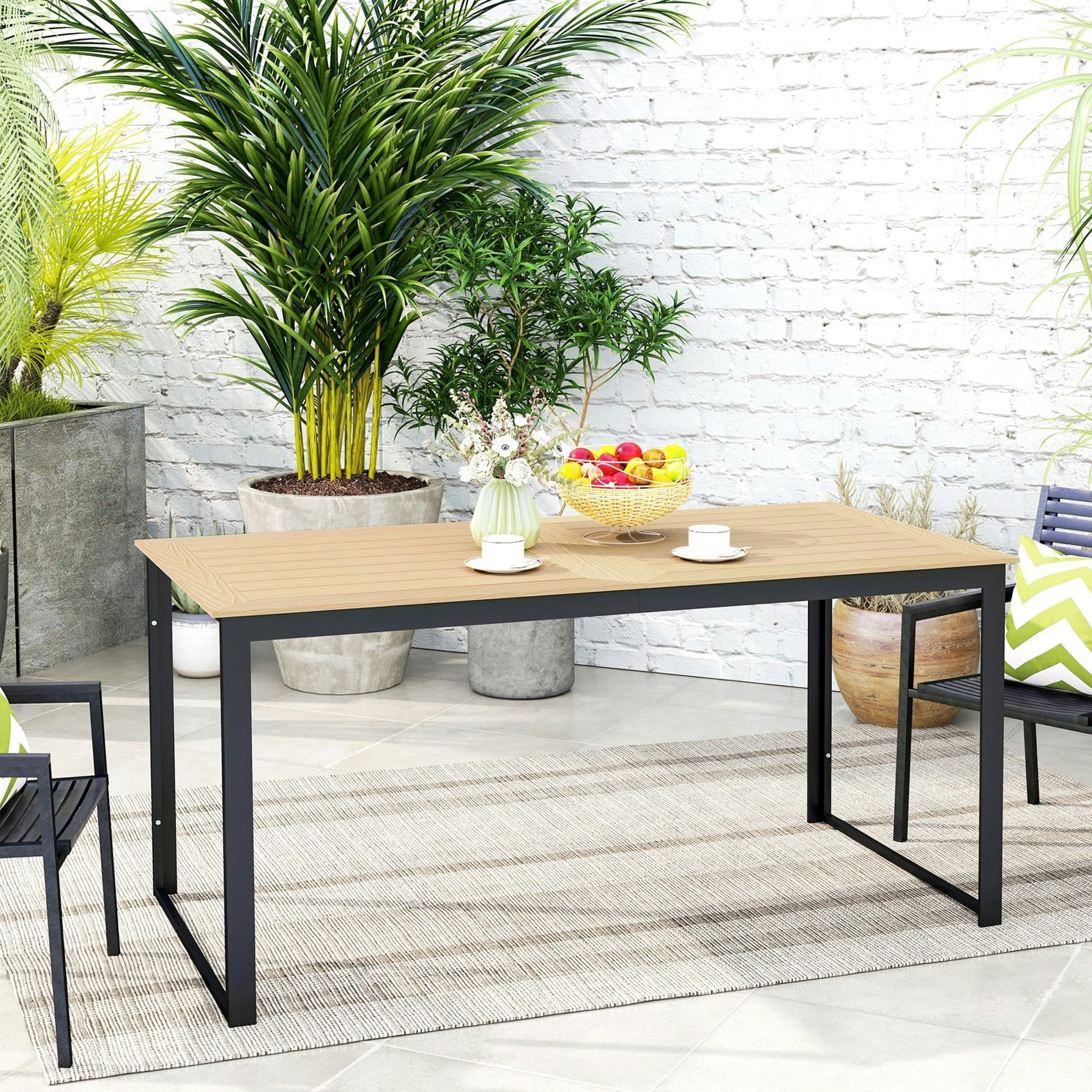 Outsunny Garden Table For 6 People With Slatted Table Top, Metal Frame, Teak - Teak - Wood Plastic Composite, Metal - 160L X 80W X 75H Cm