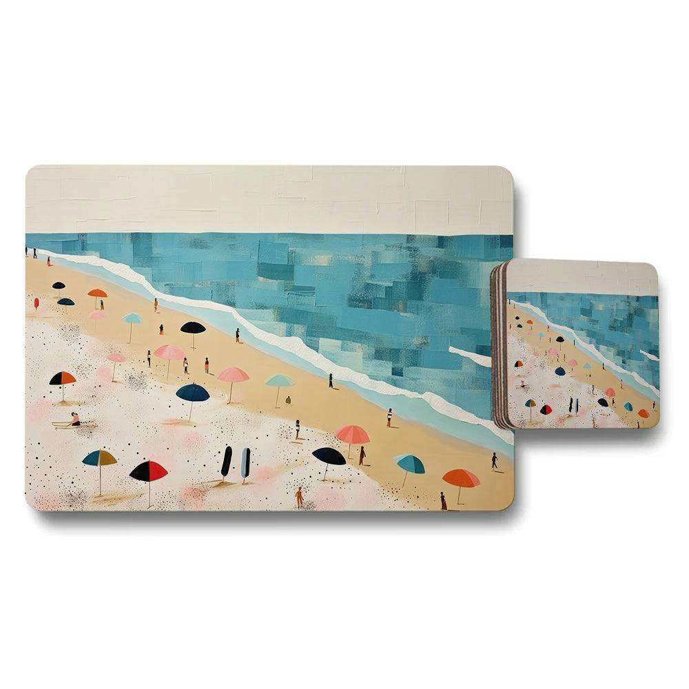 Benjamin Tate Design Turquoise/Blue Beach Scene Placemats And Coaster Set With Umbrella Pattern