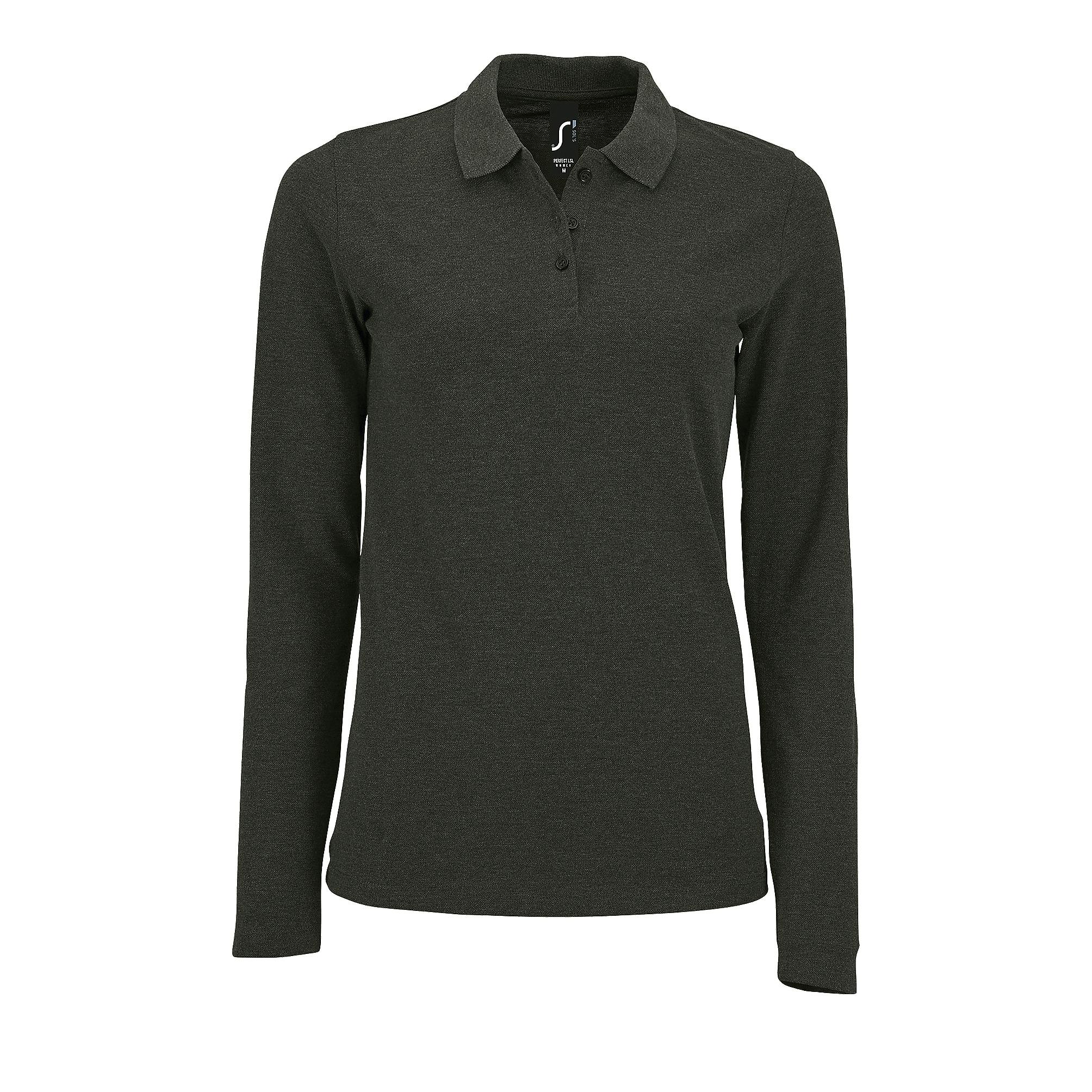 SOLS Womens/Ladies Perfect Long Sleeve Pique Polo Shirt (Charcoal Marl) - Size 2XL - Image 2