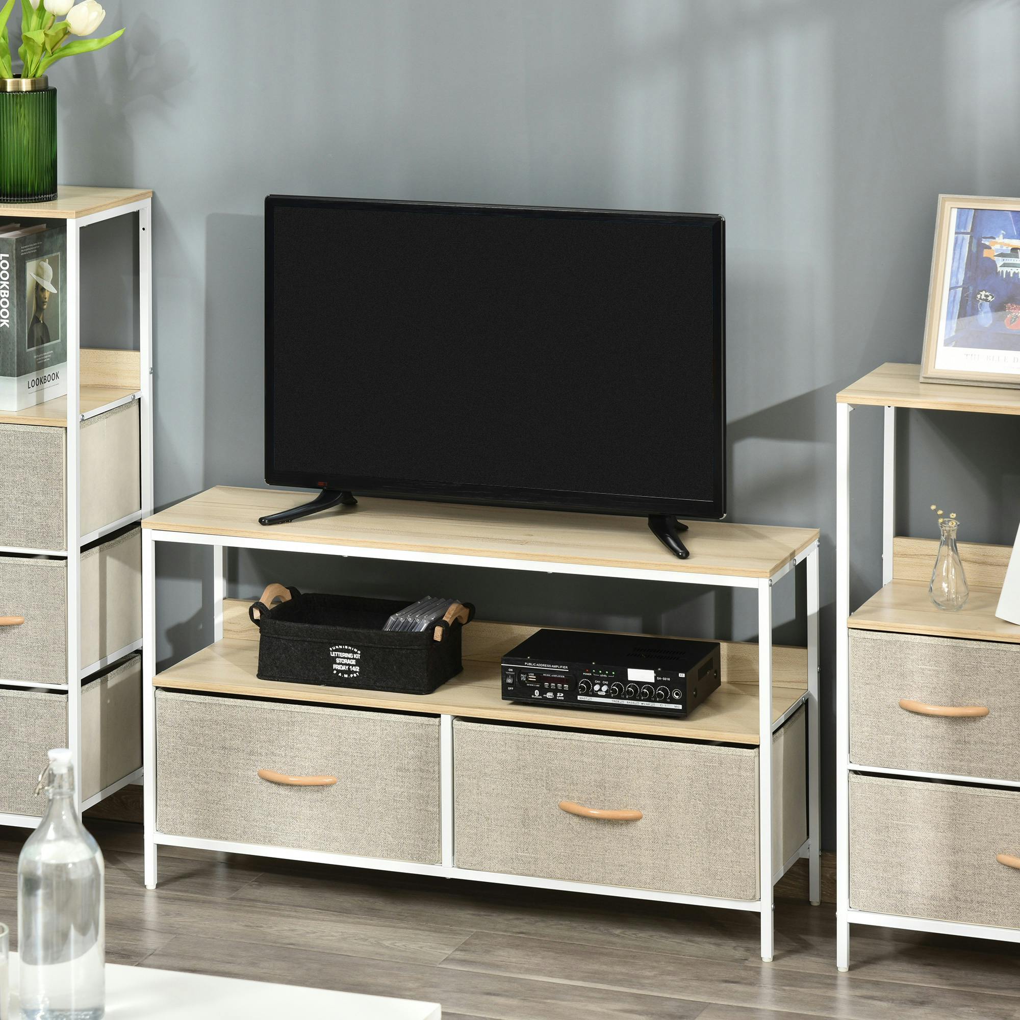 Homcom Brown Tv Cabinet, Tv Console Unit With 2 Foldable Linen Drawers Rustic - Maple Wood-Effect