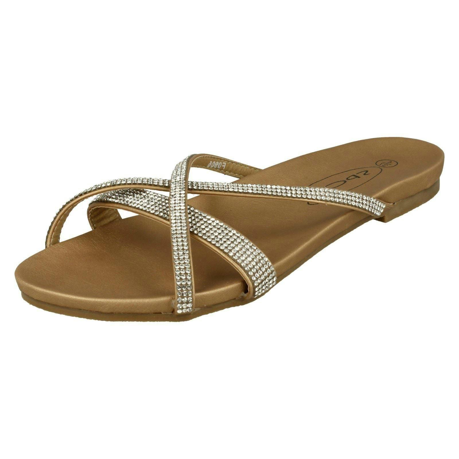 Spot On Women's Gold Diamante Flat Sandals - Uk 5