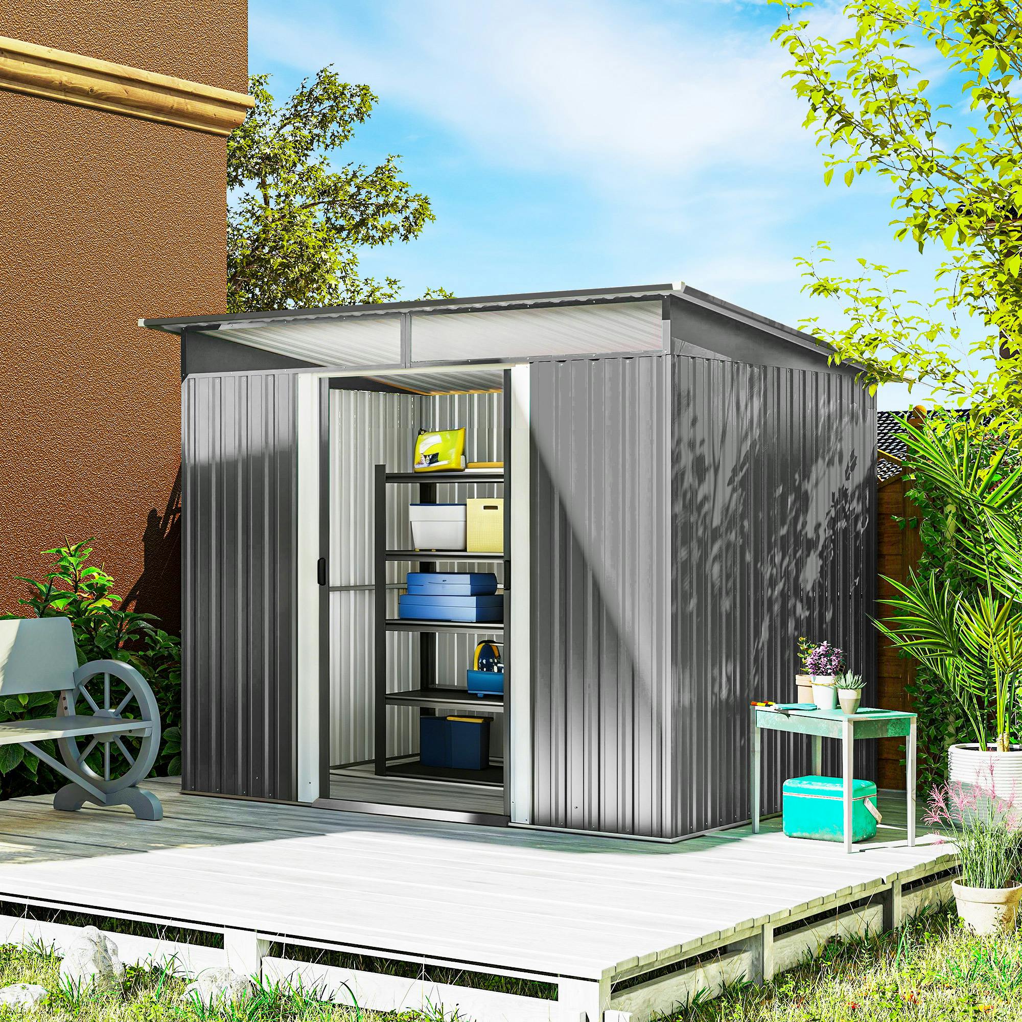 Rackhams Light/Grey Garden Shed Outdoor Storage Tool Organiser W/ Double Sliding Door