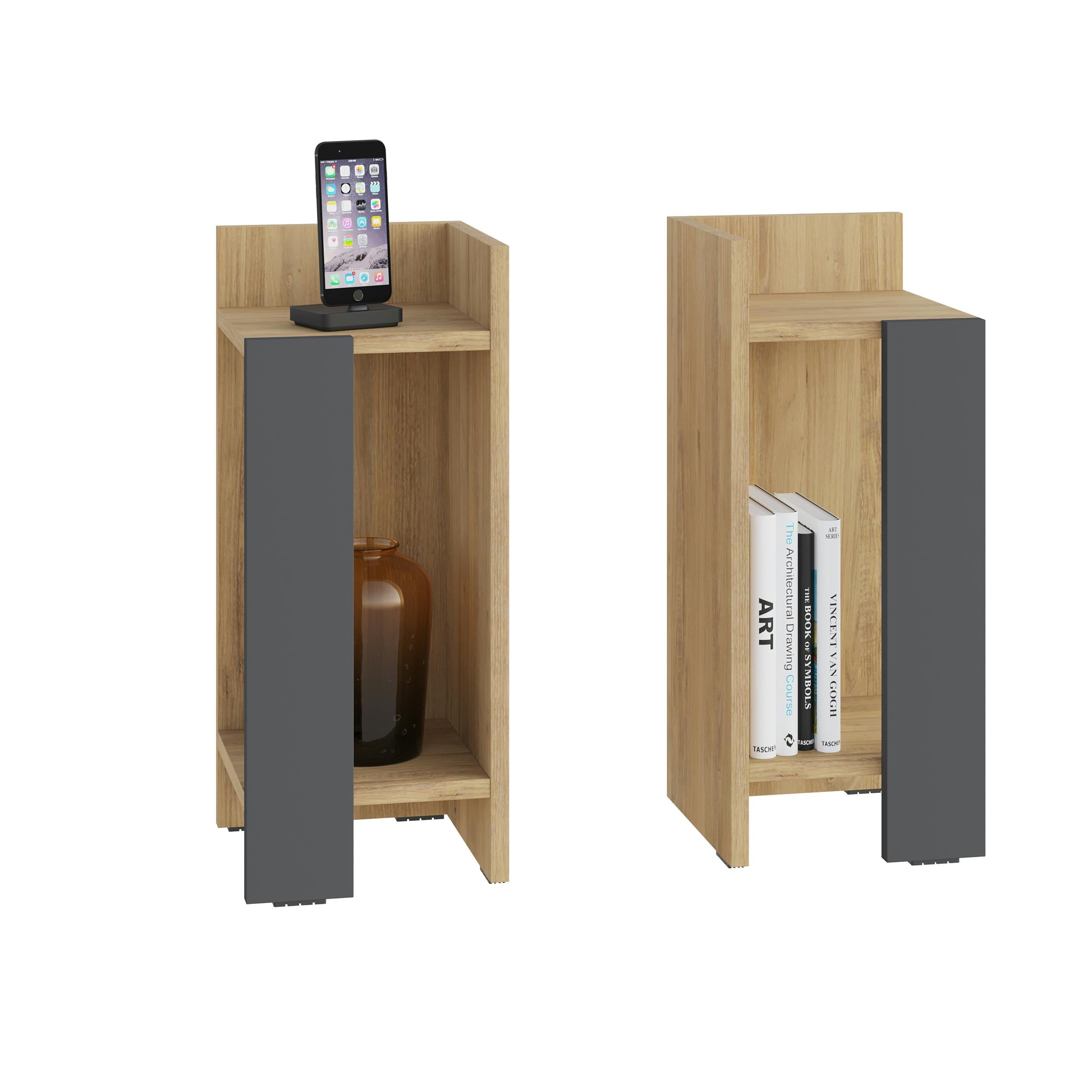Decortie Anthracite Elos Bedside Tables Set Of 2 Modern Narrow Design With Storage Shelves Right&Left 25X25x60cm - Oak
