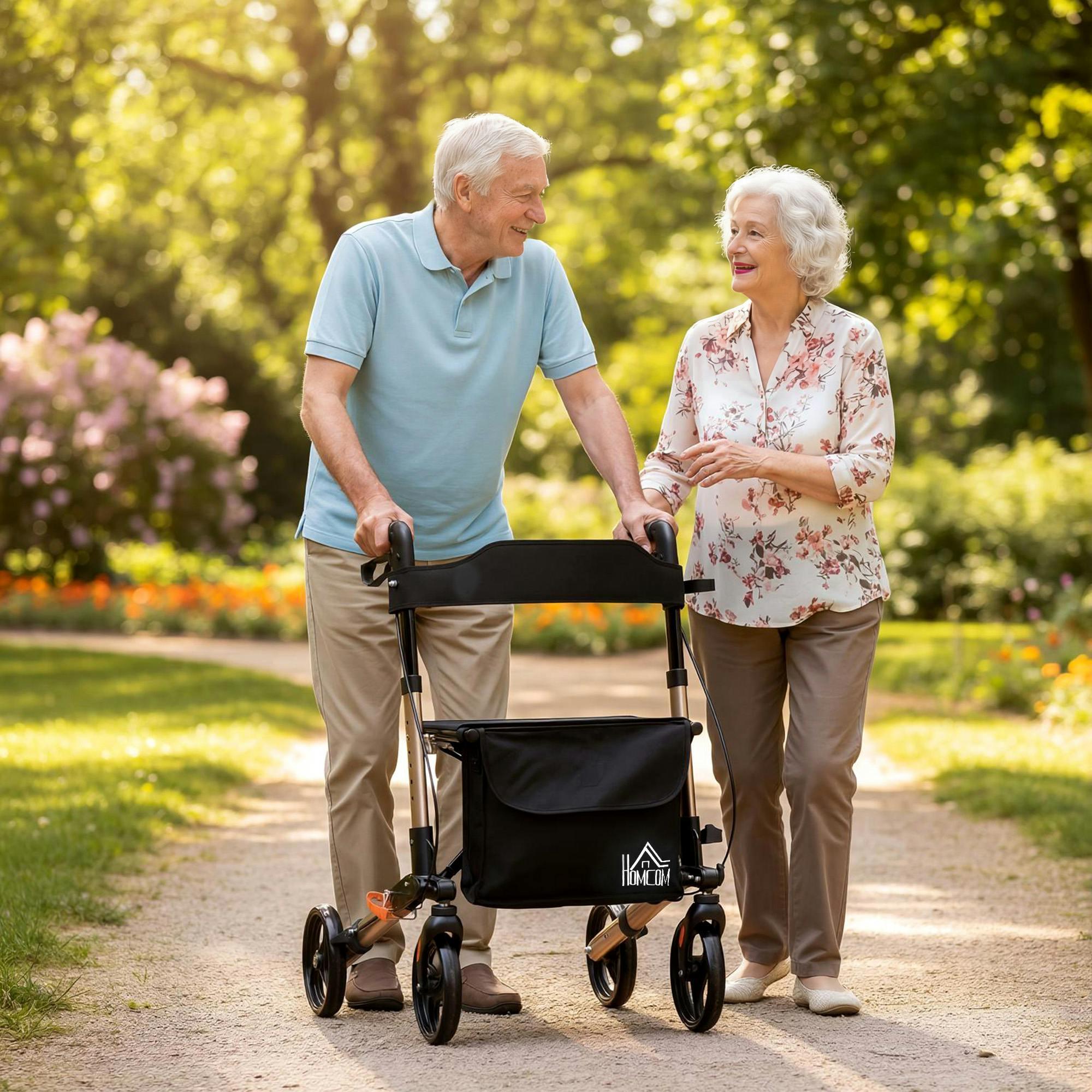 Homcom Gold 4 Wheel Rollator Walker, Adjustable Mobility Walker With Bag, Tone