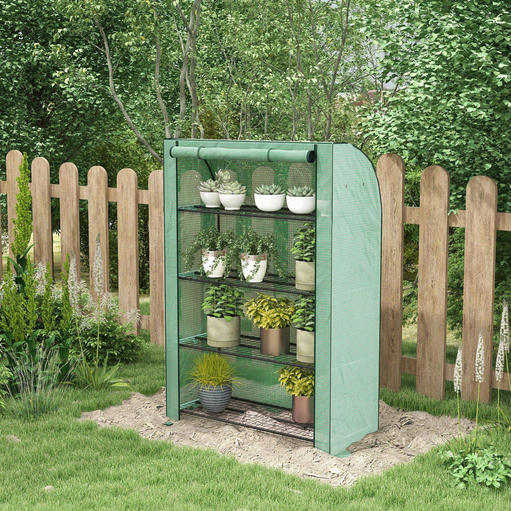 Outsunny Green Mini House With 4 Tier Shelves, 170H X 120W X 50Dcm,