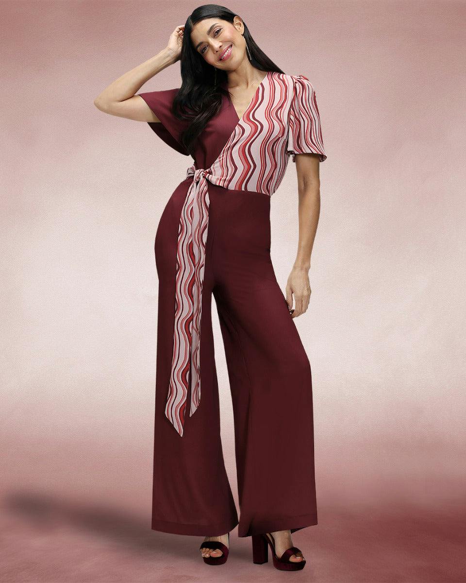 Hotsquash Burgundy Overwrap Print Jumpsuit - Wavy Stripes - 10
