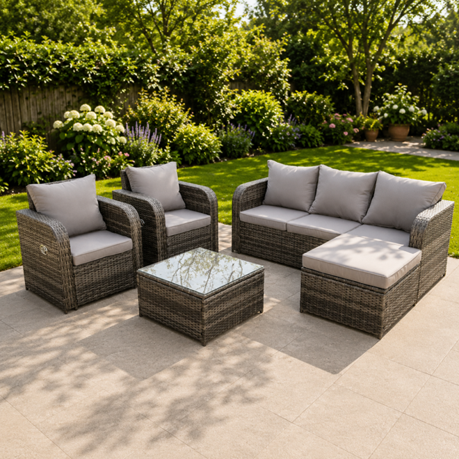 Fimous Dark/Grey Mix Pe Wicker Rattan Garden Furniture Set Sofa Set Reclining Adjustable Chair 6 Seater