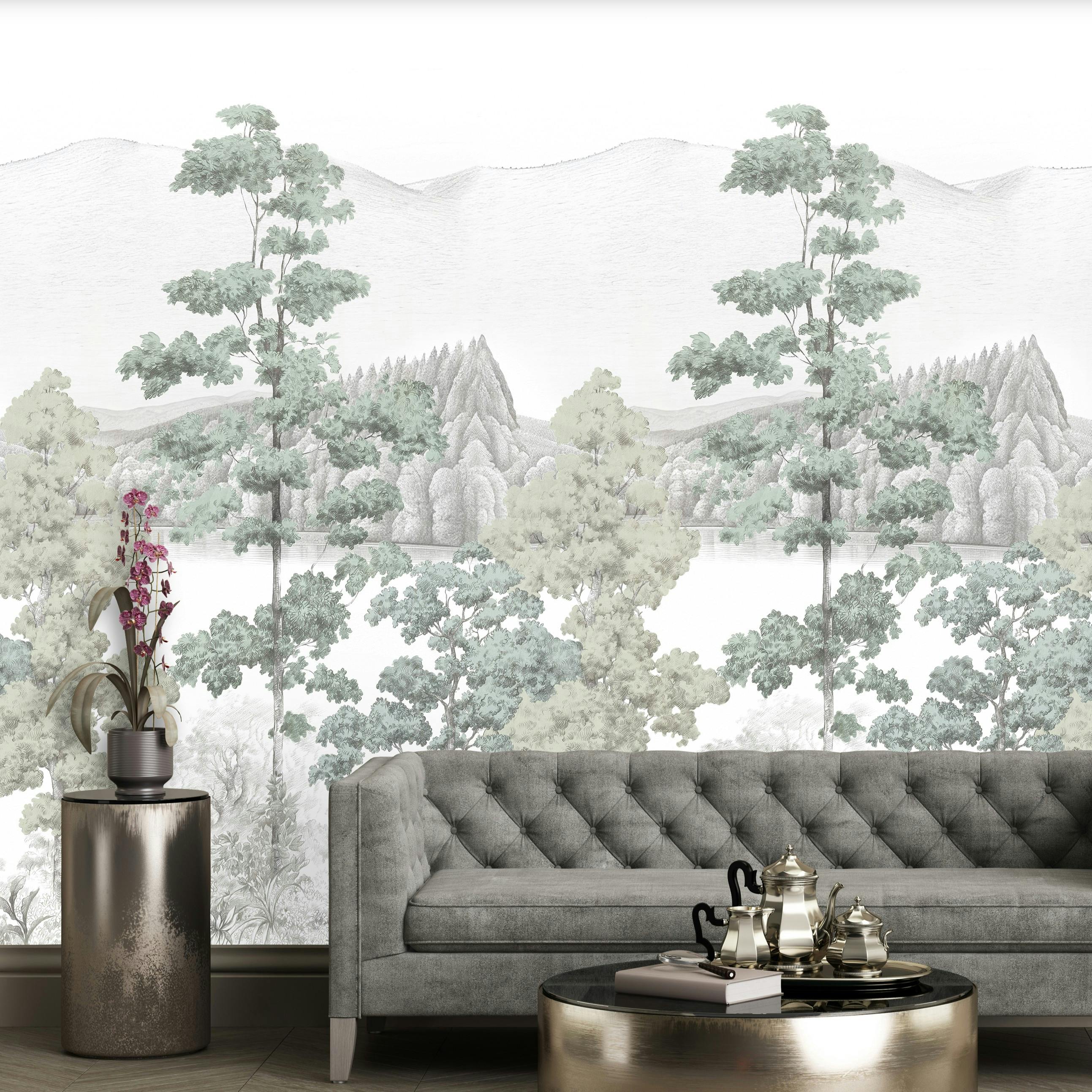 Rackhams Green Alix Lakeside Tree Sketch Scene 3 Panel Repeatable Mural 1.59 X 2.8M,