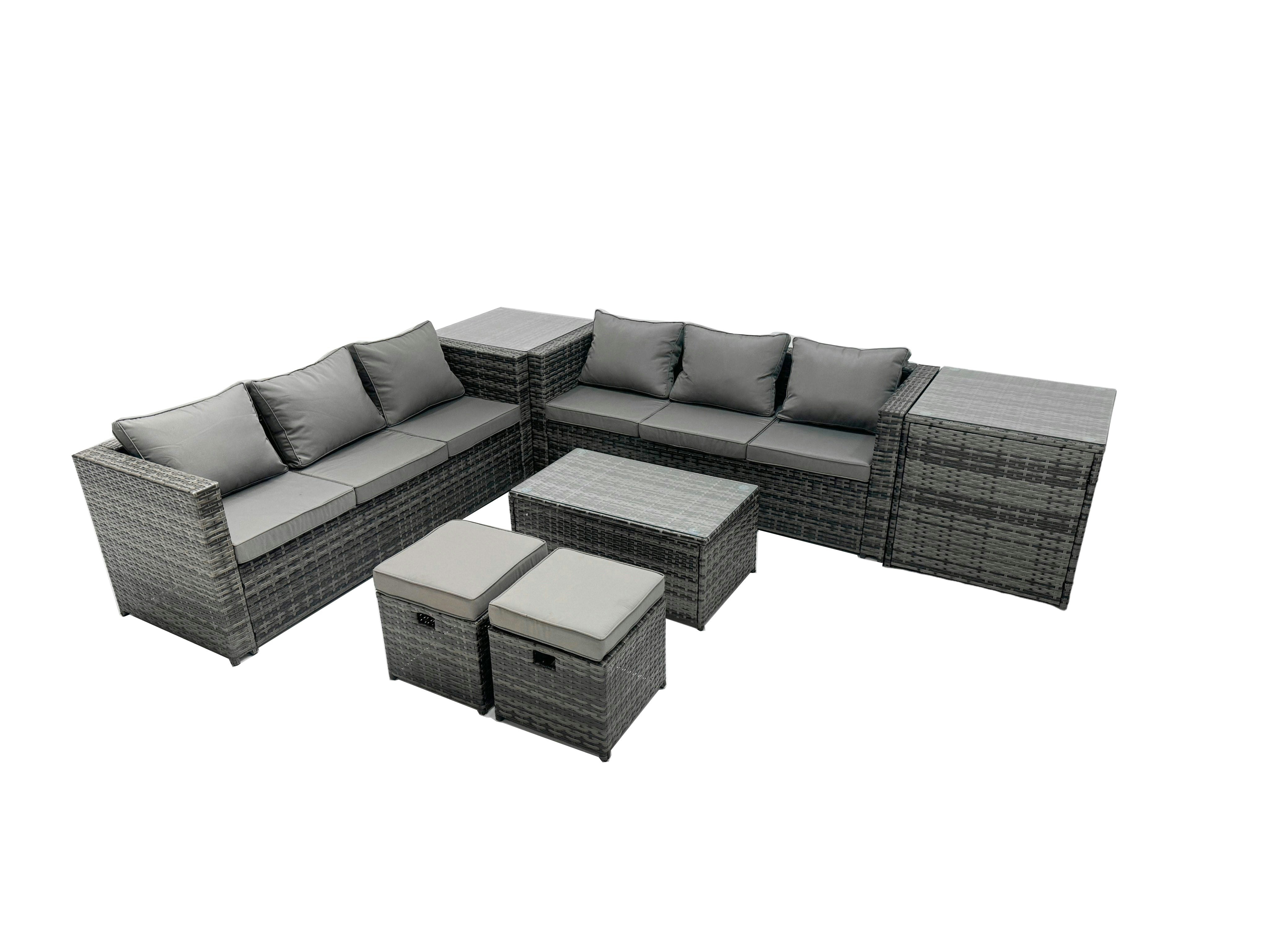 Rackhams Dark/Grey Rattan Garden Furniture Dining Set 8 Seater Patio Coffee Table Sofa Set With Side Table 2 Small Footstools Mixed