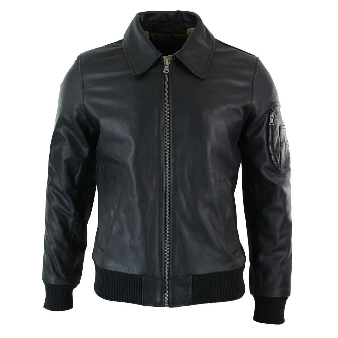 Infinity Leather Men's Black Leather Harrington Bomber Classic Pilot Jacket - 4XL