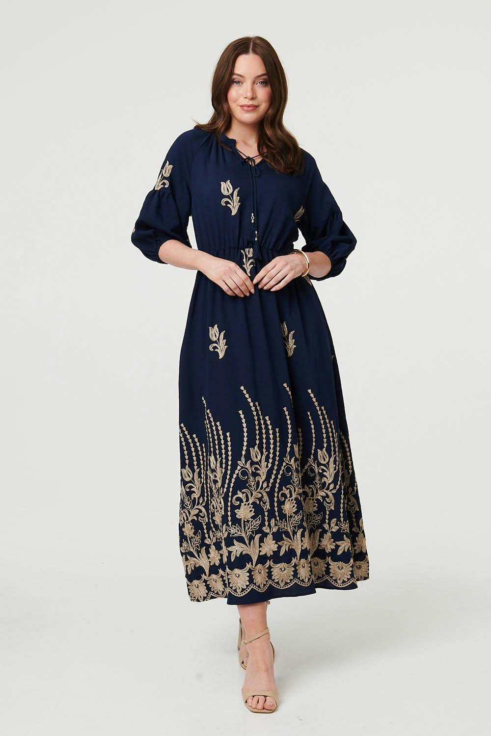 Izabel London Floral Embroidered 3/4 Sleeve Maxi Dress - 10 - Navy